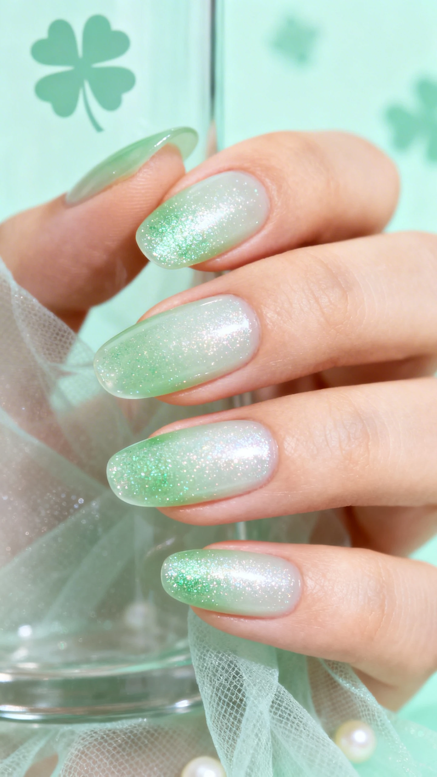 A beautiful macro photograph of one hand with medium-length oval or almond nails. Apply a sheer clover green jelly base (two thin coats) so the nail line is softly visible, topped with a uniform fine micro-shimmer glitter in icy pearl with a faint green shift, no large glitter pieces. Add a soft gradient of the micro-shimmer concentrated from cuticle to mid-nail, fading toward the tips for a delicate veil effect. High-resolution, sharp focus on the nails, airy mint and pearl-toned background: frosted glass, translucent tulle, and subtle shamrock silhouettes. Clean, modern, Instagram-worthy lighting, no faces visible, only the hand and nails.