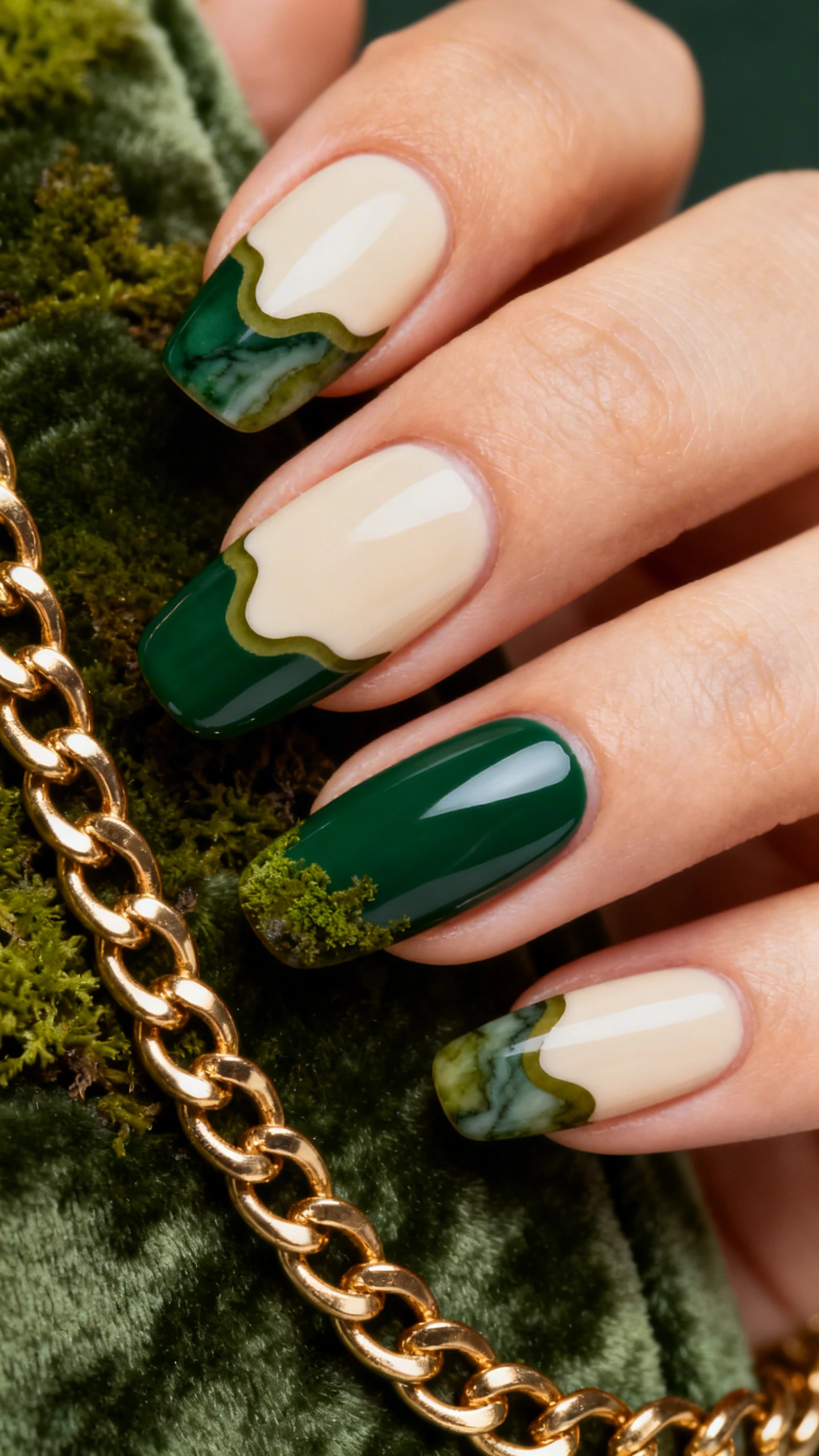 A beautiful macro photograph of one hand with medium oval nails, smooth and slinky contour, in sharp focus. Sheer cream-gel wash base that evens tone while the natural nail line shows through. Asymmetrical snake French tips: wavy, irregular borders with layered greens—deep forest for the main tip, olive marbling along the edge, and a whisper of moss detailing to emphasize movement; no straight smile lines. High-resolution, no faces visible. Background: soft mossy velvet with a serpentine gold chain for an elegant, edgy vibe, modern Instagram style.