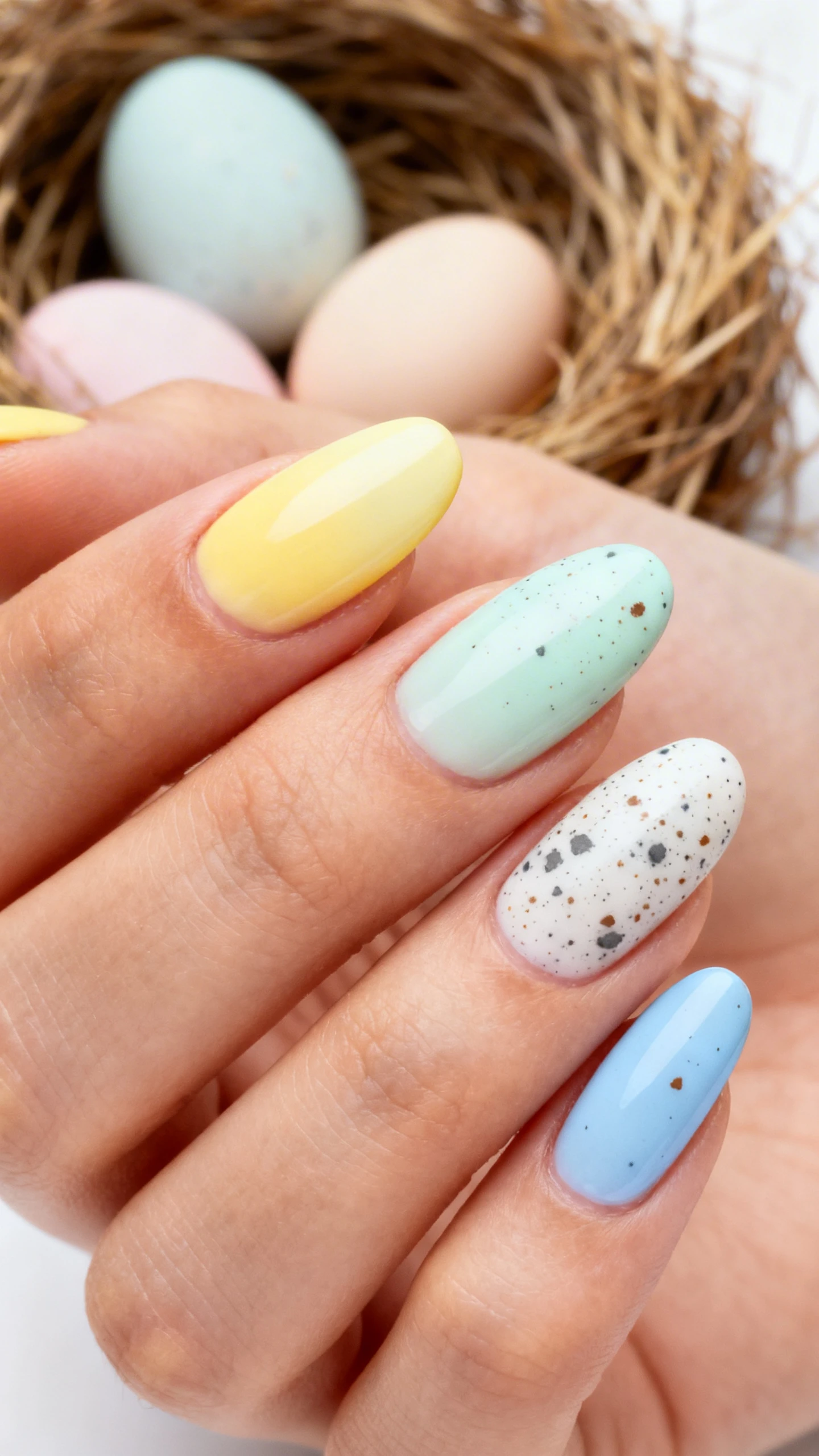 A beautiful macro photograph of one hand with medium oval nails featuring a seamless ombre: butter yellow at the cuticle melting into milky mint mid-nail, finishing in soft baby blue at the tips. Over the entire nail, a light speckled egg effect with micro-flecks in charcoal gray and warm brown, dispersed irregularly and delicately. High-resolution, sharp focus to show the smooth gradient and fine speckles. Aesthetic background: nest-like straw with pastel eggs softly out of focus. Modern, Instagram-worthy lighting, no faces visible, only the hand and nails.