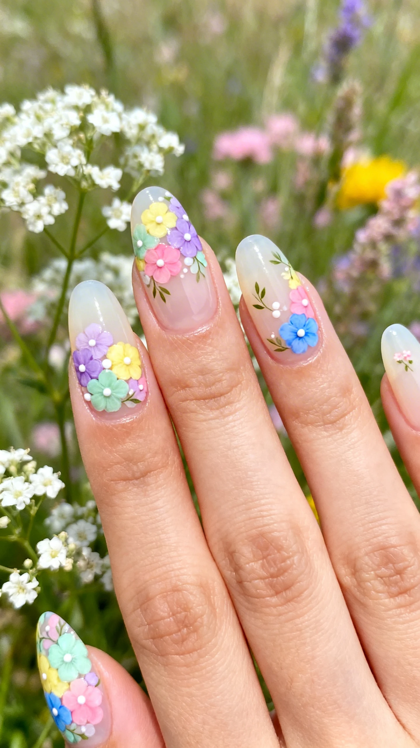 A beautiful macro photograph of one hand with medium almond nails in a Blooming Meadow Pastel Florals design; base is a sheer, milky cream jelly; soft pastel petals in lavender, butter yellow, petal pink, mint green, and sky blue; index and ring fingers feature clustered blossoms near the cuticle and drifting toward center, while middle and pinky have sparse single blooms and tiny leaf accents; ultra-fine white dot centers and micro leaf strokes for detail; glossy top coat; high-resolution, tack-sharp focus on floral details; dreamy meadow-inspired background with blurred baby’s breath and pastel wildflowers; modern, airy lighting; no faces, only the hand and nails.