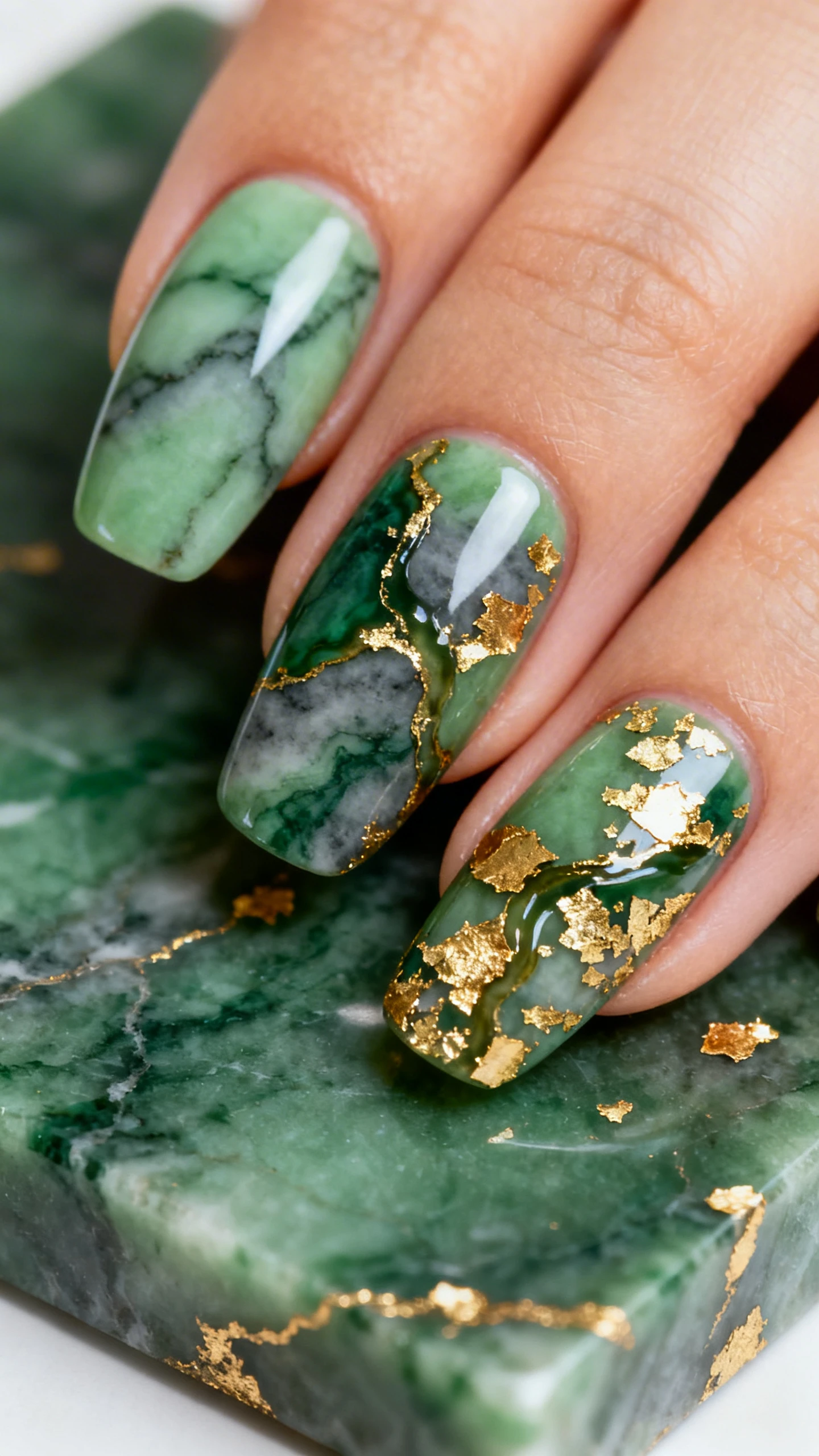 A beautiful macro photograph of one hand with medium coffin or almond nails showcasing a moss-green marble: soft moss green base with wisps of deeper forest green and smoky gray veining, intersected by molten “rivers” of dense gold flake shards in varying sizes; a glossy topcoat amplifies depth and stone-like realism; high-resolution, sharp focus to reveal vein transitions and gold shard edges; aesthetic background of polished green marble slab with subtle gold accents softly out of focus; modern, Instagram-worthy lighting; no faces visible, focus only on the nails and hand.