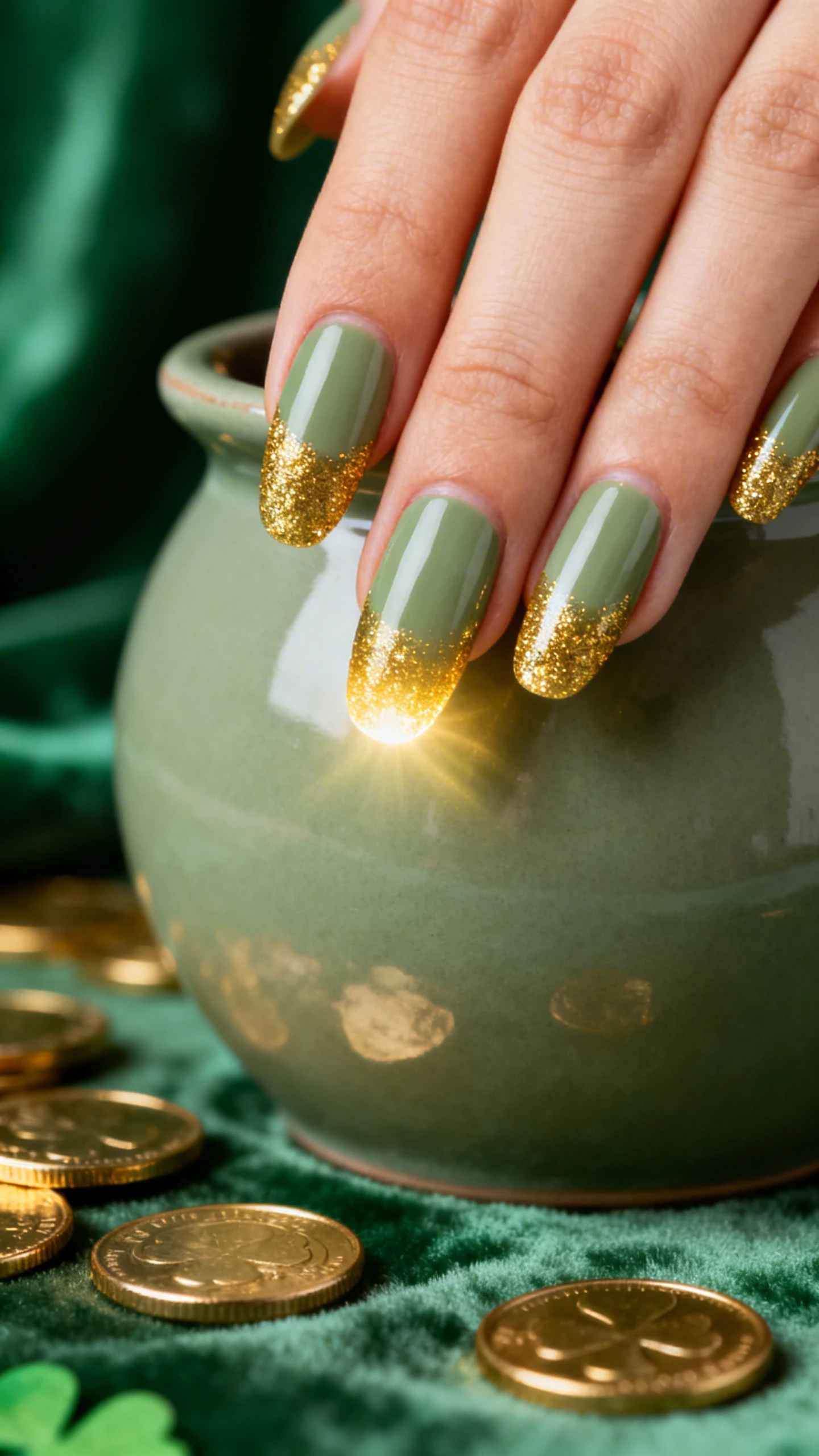 A beautiful macro photograph of one hand with medium-length almond or ballerina nails. Base color is a muted sage green cream, opaque and smooth on all nails. Create aura tips by applying a reflective gold glitter top coat from the free edge downward about one-third of the nail, softly tapering and blending toward the center to avoid a harsh line, creating a glowing “pot of gold” aura at the tips. High-resolution, sharp focus on the nails, aesthetic background with matte sage ceramic, scattered gold coins, and soft-focus green velvet for St. Patrick’s ambiance. Modern, Instagram-worthy lighting, no faces visible, only the hand and nails.