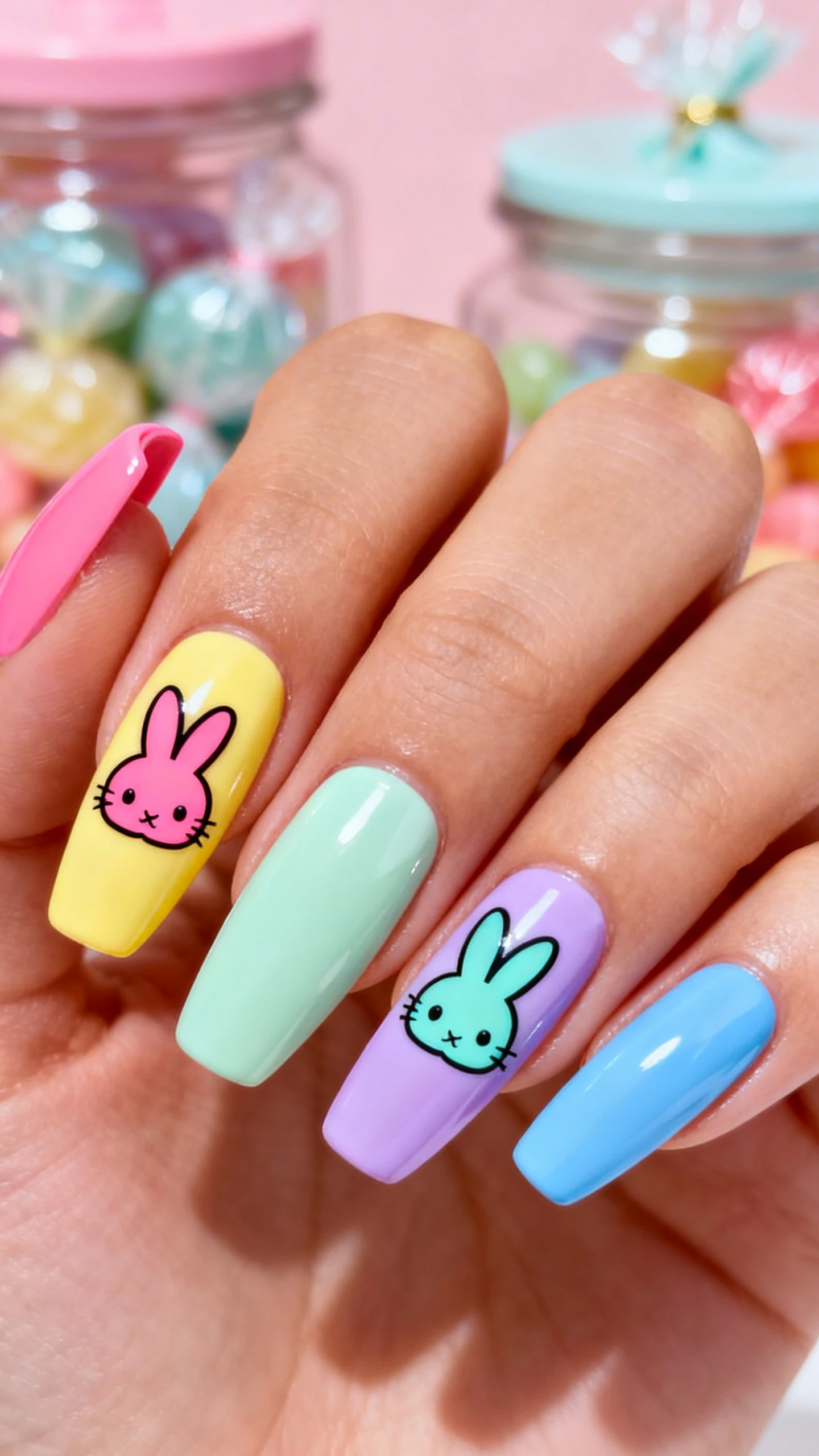 A beautiful macro photograph of one hand with medium almond or coffin nails in a high-gloss finish, alternating opaque crème candy brights: bubblegum pink, lemon sorbet yellow, spearmint, lilac, and baby blue. Playful colorful cartoon bunny decals in matching tones placed on contrasting nails (e.g., pink bunny on lemon nail, mint bunny on lilac), centered and sized medium for bold impact. High-resolution, razor-sharp detail on the glossy surfaces; candy-shop background with softly blurred pastel jars or wrapped sweets for a fun, vibrant theme. Bright, modern Instagram lighting; no faces, only the hand and nails.