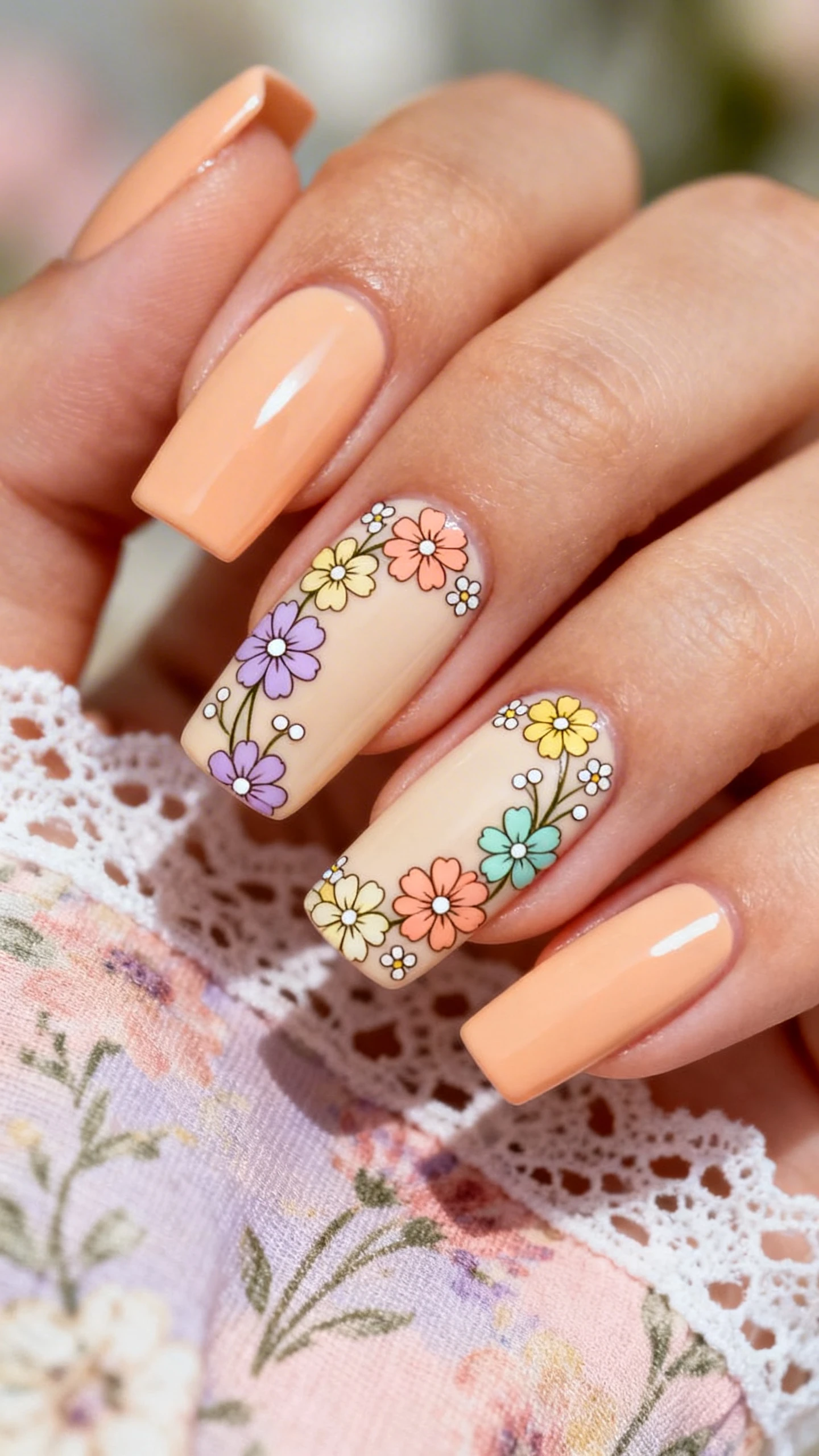 A beautiful macro photograph of one hand with medium to long soft square nails, base of warm milky cream. Stamped florals arranged in a carousel arc starting at the lower sidewall and curving toward the free edge on each nail. Flower shapes include five-petal daisies and tiny blossoms. Colors: pastel lilac, peach, mint, and pale yellow with subtle white accents; thin stem and dot details for depth. High-resolution, sharp focus emphasizing crisp stamped edges and glossy finish. Aesthetic background: pastel floral fabric and delicate lace, softly blurred. Modern, Instagram-worthy style, no faces visible, only the hand and nails.