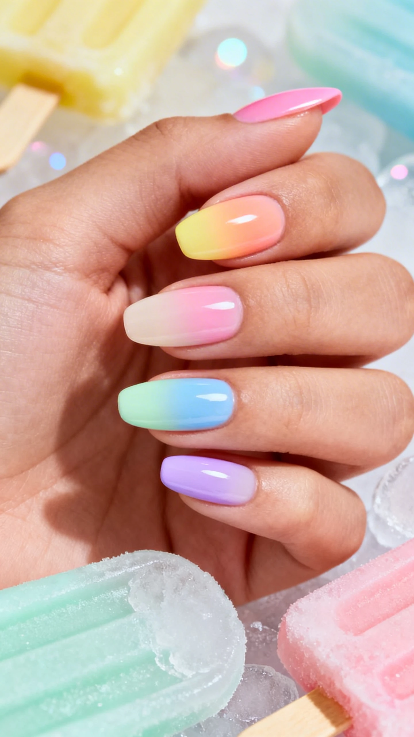 A beautiful macro photograph of one hand with medium almond nails showing a Sorbet Ombre Glow; base is a thin sheer cream; smooth gel gradients with a soft, luminous blend: either warm set—lemon at the cuticle melting into peach mid-nail and soft pink at the tip—or cool set—mint at the cuticle fading into sky blue mid-nail and lilac at the tip; seamless airbrushed-look transitions, glossy top; high-resolution, sharp focus to capture the gradient; sorbet-inspired background with frosty pastel popsicle props and diffused bokeh; modern, glossy studio lighting; no faces, only the hand and nails.