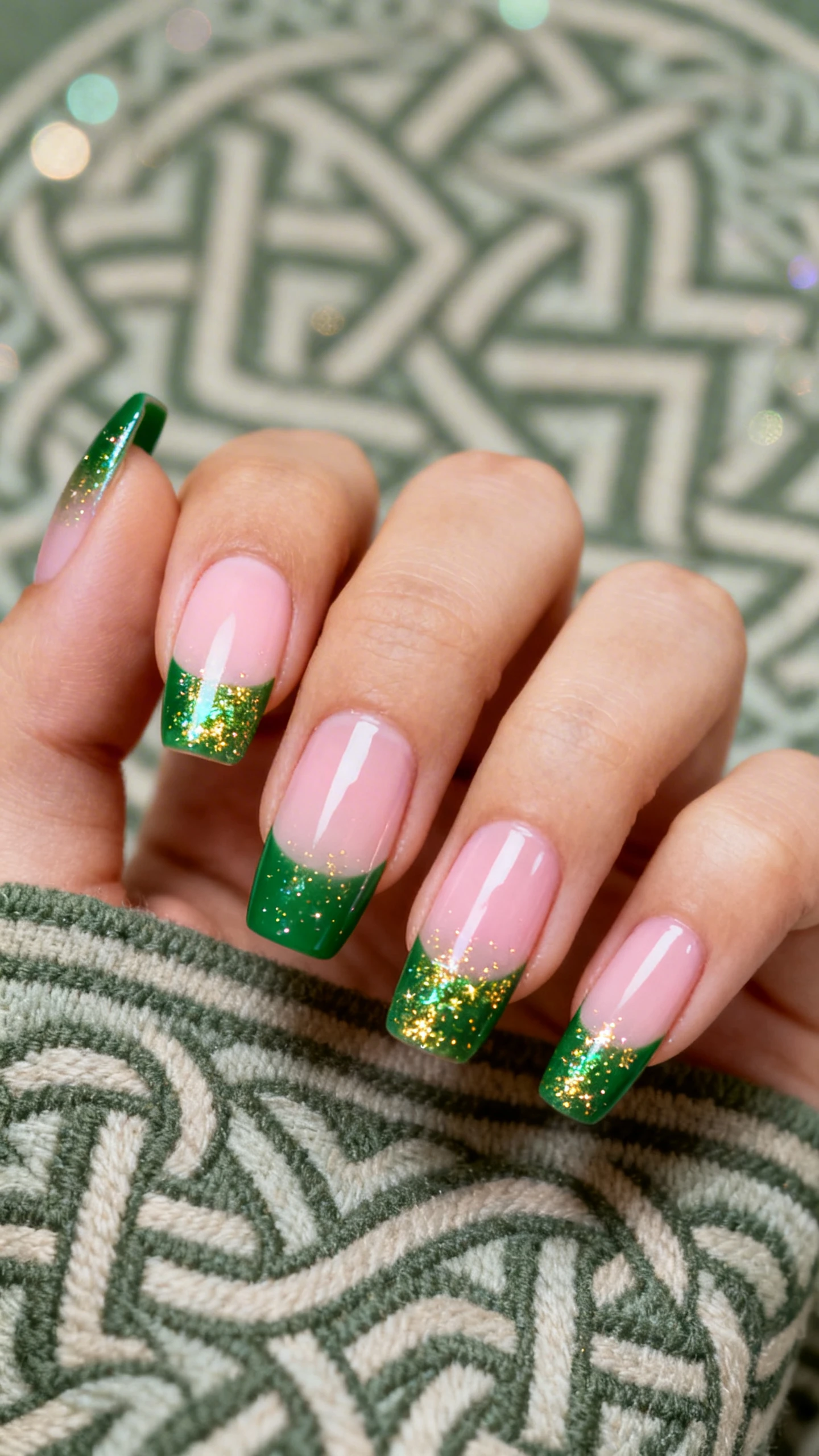 A beautiful macro photograph of one hand with medium almond or short coffin nails; sheer pink/cream-toned base for a clean nail bed, finished with slim, even hunter green French tips on all nails; topped with an iridescent flake glitter that shifts green-gold, concentrated on the tips and softly tapering onto the nail bed for “Celtic stardust” sparkle; ultra-smooth, glossy finish; aesthetic background of a muted Celtic knot pattern textile with soft bokeh; high-resolution, sharp focus on the crisp smile lines and flake reflections; modern, Instagram-worthy lighting; no faces, only the hand and nails.