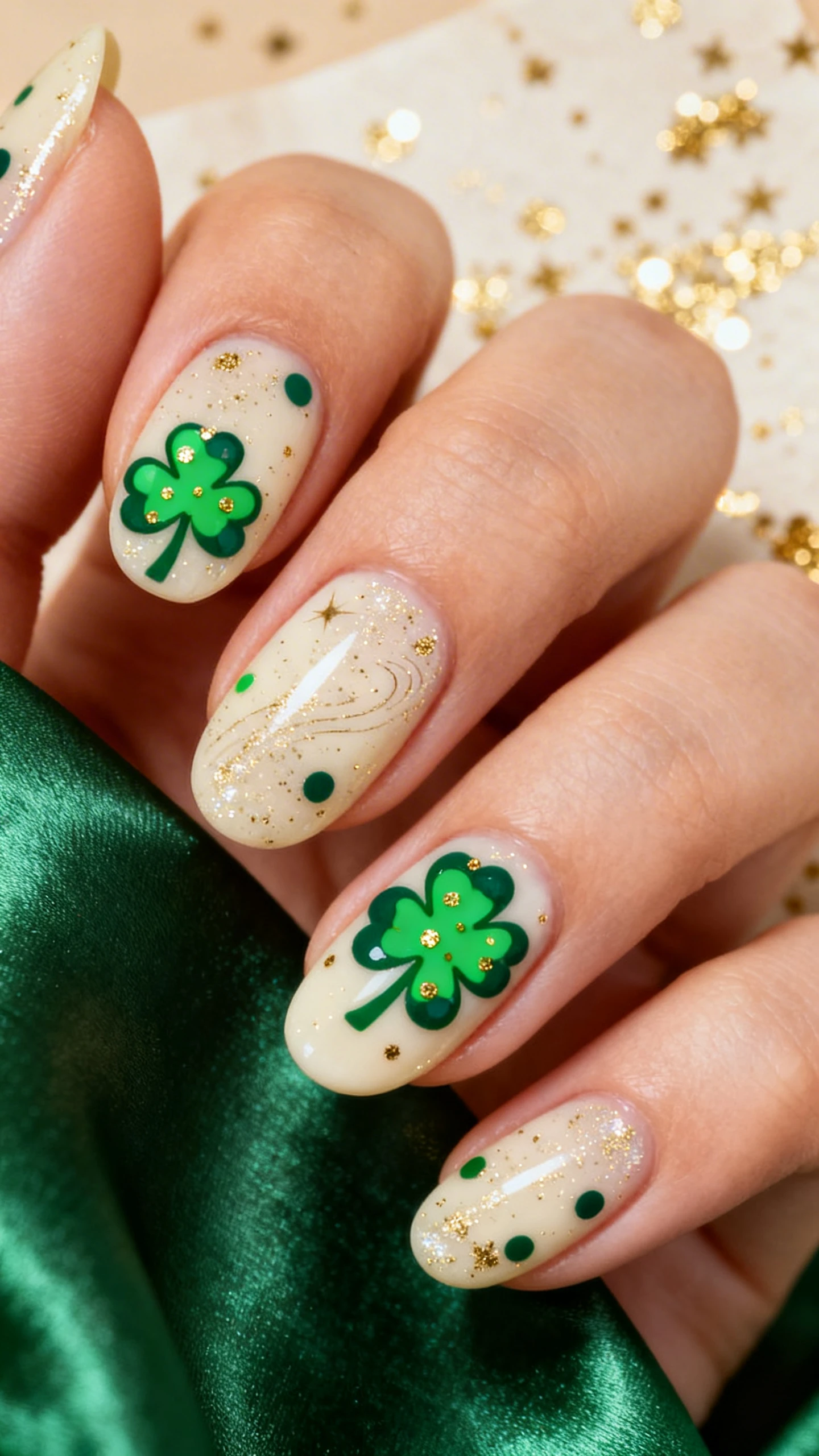 A beautiful macro photograph of one hand with medium oval nails and a plush, gel-like top coat; milky cream base infused with ultra-fine gold shimmer like faint galaxy dust; dotting tool shamrocks formed from clustered dots in bright Kelly green with contrast dots in deep bottle green, accented by tiny metallic gold speckles; balanced placement across nails with one feature nail showing a larger dotted shamrock; high-resolution, sharp focus to reveal shimmer and dot edges; aesthetic background: soft bokeh of gold-speckled parchment and green satin; modern, Instagram-worthy lighting; no faces visible, focus only on the nails and hand.