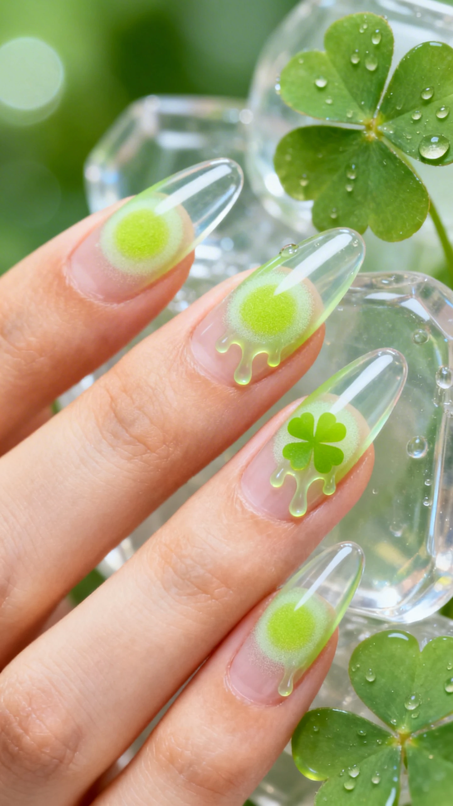 A beautiful macro photograph of one hand with medium almond nails, softly elongated, in sharp focus. Clear builder base structured to a soft apex, then a sheer transparent jelly green over all nails. At each nail’s center, an airbrushed or sponged soft circular halo aura in brighter lime jelly, seamlessly diffused outward; delicate clover drip details melting from the halo toward the free edge with ultra-sheer layers for depth. High-resolution gloss, juicy jelly finish, no faces visible. Background: translucent gel-like props and dewy clover leaves with water droplets, dreamy green bokeh, modern Instagram style.