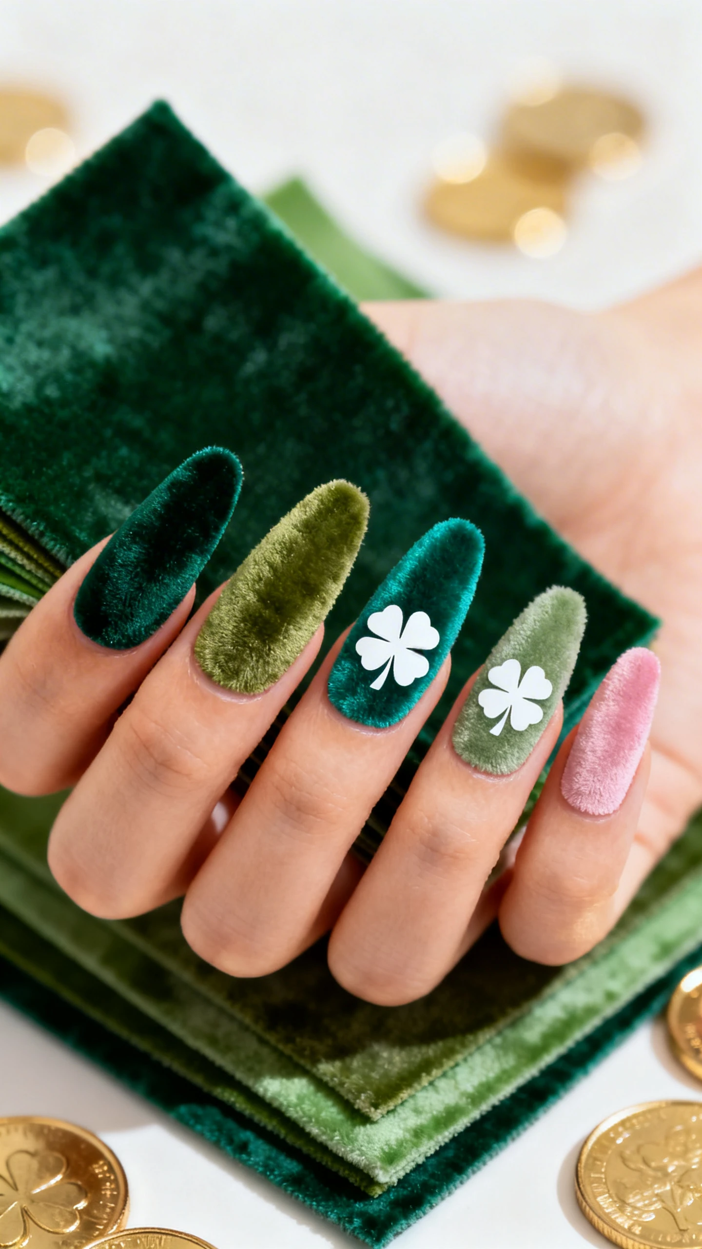 A beautiful macro photograph of one hand with medium to long coffin or almond nails in a Skittles palette of green velvet finishes: thumb deep emerald velvet, index moss velvet, middle bottle-green velvet, ring teal-leaning green velvet, pinky soft sage velvet; each nail centers a single matte white four-leaf clover stencil for contrast; high-resolution, sharp focus to capture the fuzzy velvet texture and crisp clover silhouette; background is a softly lit stack of green velvet fabric swatches with gold coin props blurred in bokeh; modern, rich, Instagram-worthy, no faces, only the hand.