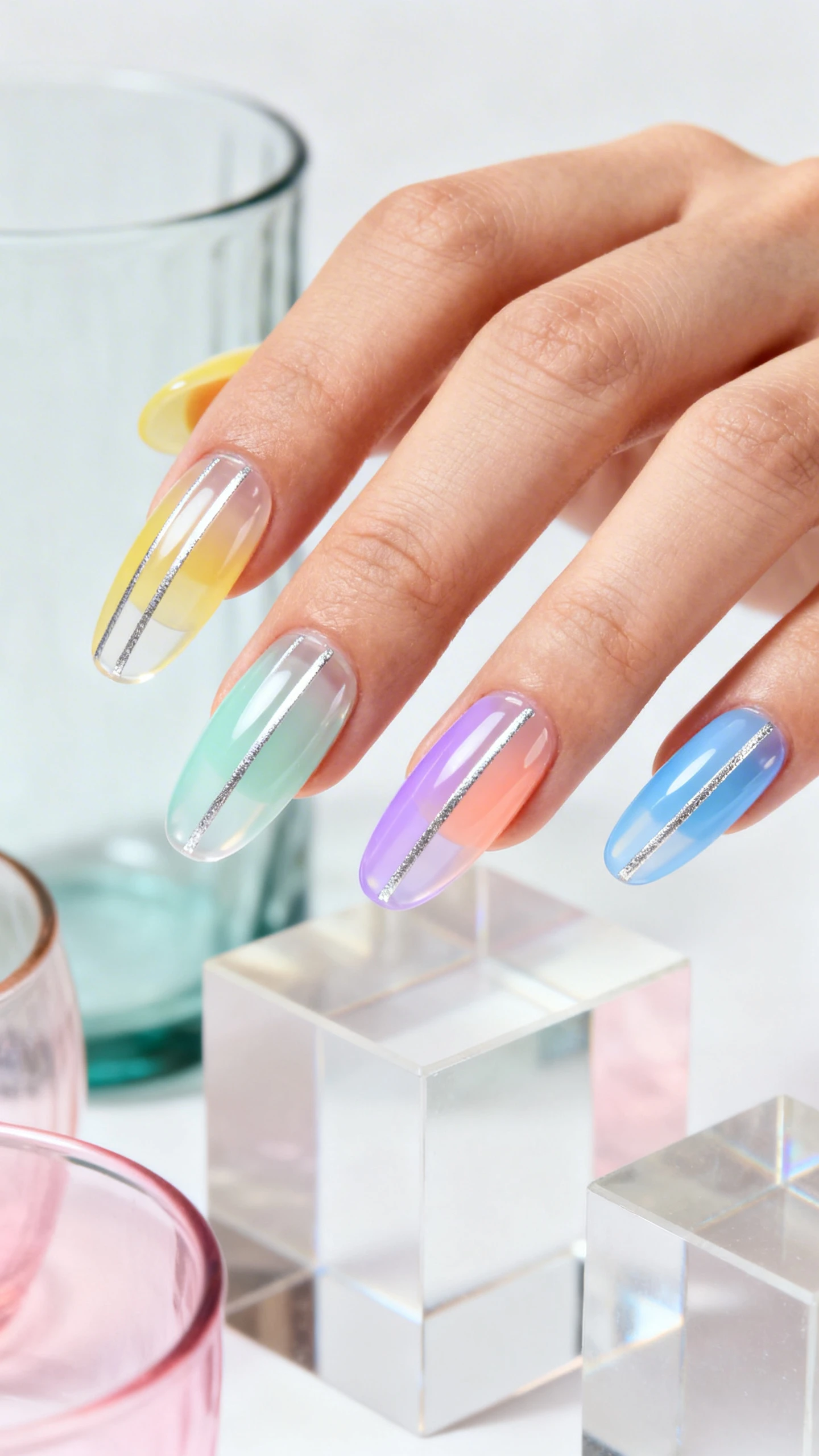 A beautiful macro photograph of one hand with medium coffin or almond nails in jelly Skittle pastels across five nails (left to right): translucent lemon, translucent mint, translucent lavender, translucent peach, translucent sky blue. On each nail, one vertical strip of clear negative space running slightly off-center, bordered by ultra-thin silver striping tape for a sleek reflective line. High-resolution, sharp focus showing the glassy jelly translucency and precise tape borders. Aesthetic background: minimalist acrylic blocks and pastel glassware to echo the transparent vibe, softly blurred. Modern, Instagram-worthy style, no faces visible, only the hand and nails.
