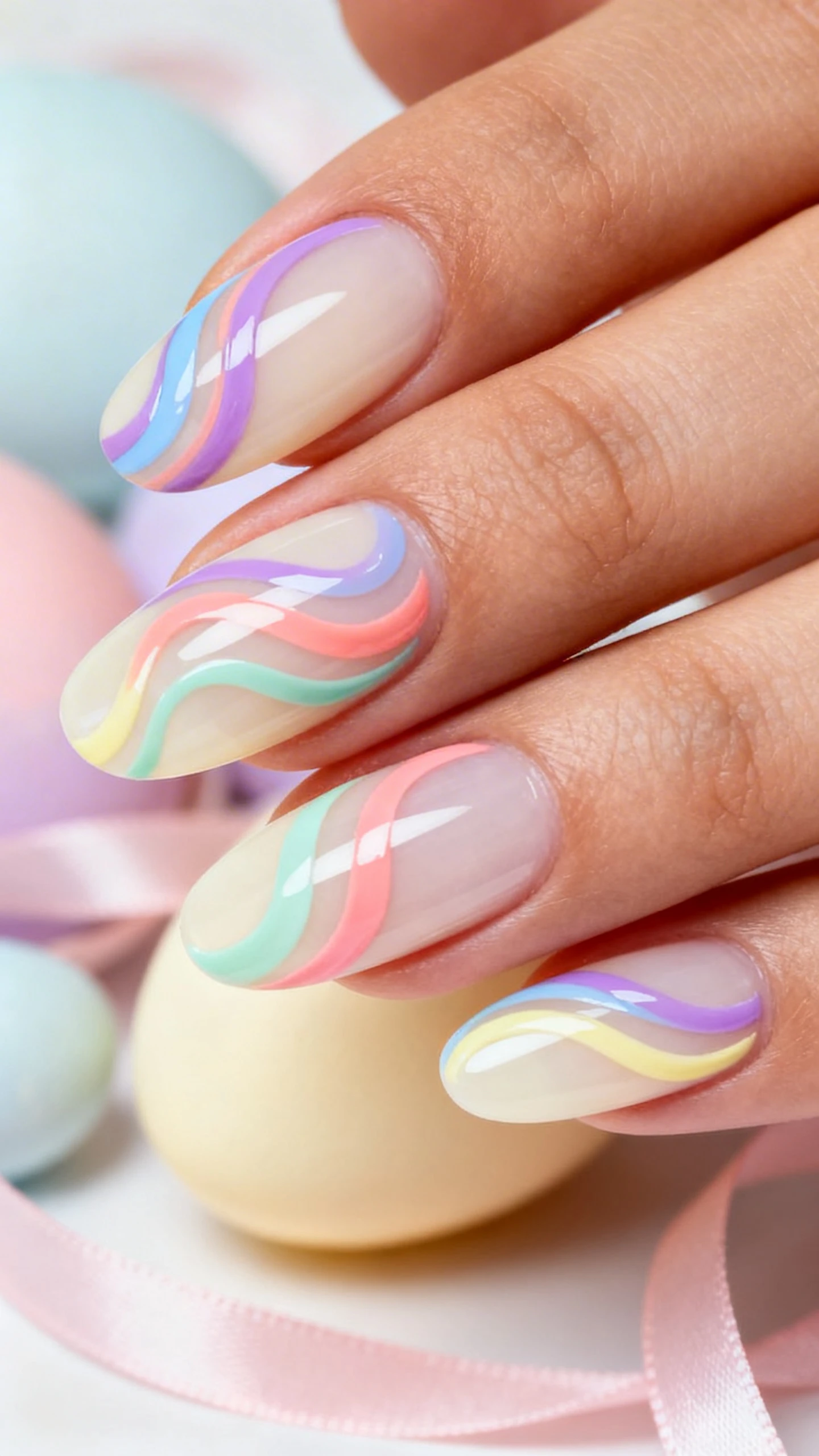 A beautiful macro photograph of one hand with medium-long oval nails in a Bunny Trails Pastel Swirls design; base is sheer, glossy cream; each nail features 2–3 flowing pastel swirls in lilac, baby blue, soft coral pink, mint, and pale lemon, starting near one sidewall and curving diagonally toward the opposite tip, some overlapping with subtle negative space; ultra-smooth gel lines with a high-gloss finish; high-resolution, sharp focus on the curvature and color layers; whimsical Easter background with softly blurred ribbon and pastel eggs; modern, Instagram-worthy lighting; no faces, only the hand and nails.