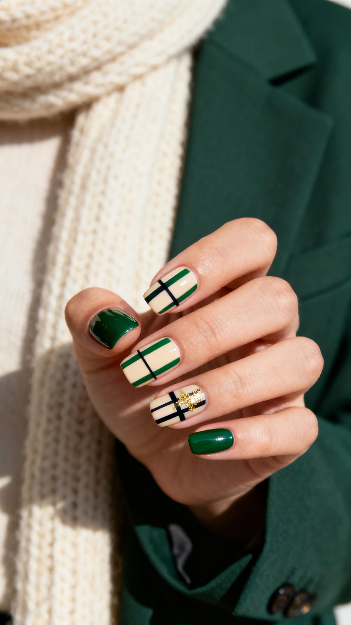 A beautiful macro photograph of one hand with medium square or squoval nails featuring a tailored plaid: most nails in soft cream base with forest green thick stripes crossing vertically and horizontally, accented by thin black or deep charcoal lines for contrast; one or two accent nails in forest green base to alternate; subtle touches of gold flake intersecting key plaid crossings for a gilded pop; crisp, clean striping and glossy finish; high-resolution, sharp focus to capture line precision and gold detail; aesthetic background of a cream wool scarf and dark green blazer texture softly blurred; modern, Instagram-worthy composition; no faces visible, focus only on the nails and hand.