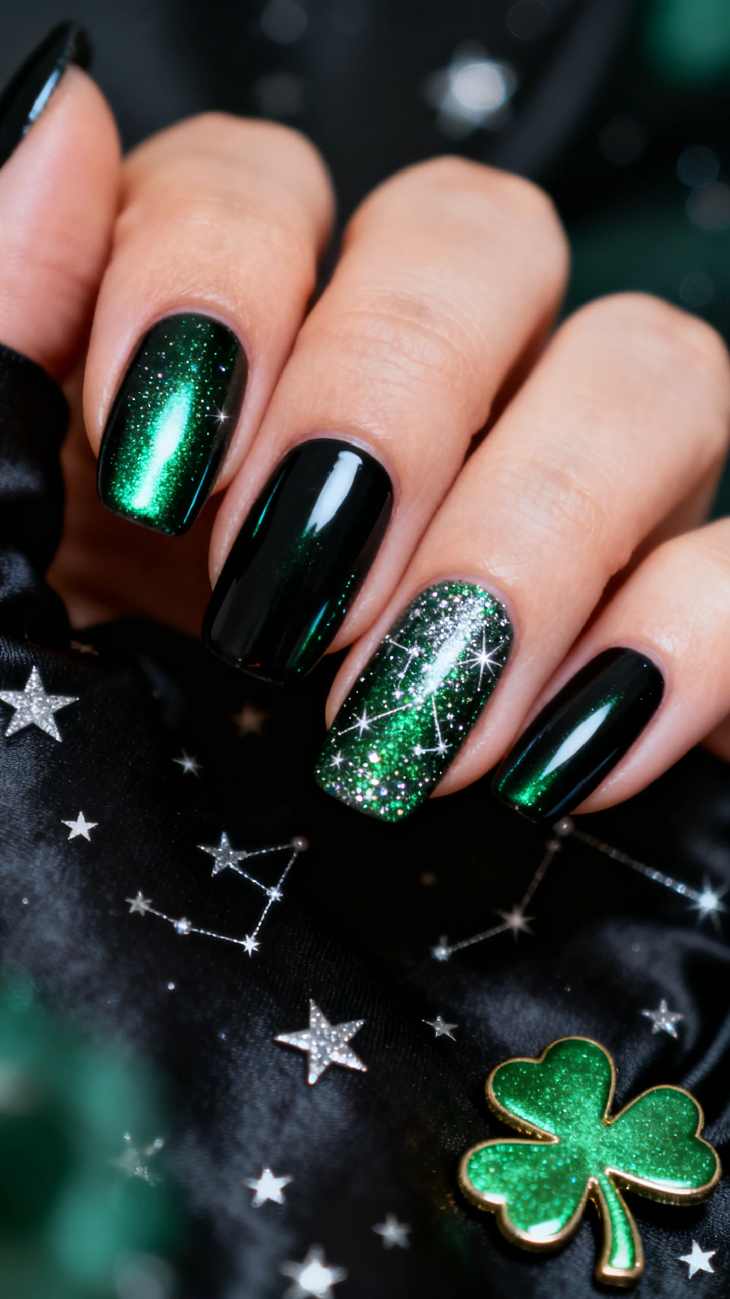 A beautiful macro photograph of one hand with medium almond or coffin nails. Apply a black gel base for depth, rub on a cool-toned emerald green chrome powder for a fully mirrored surface, seal with gel top coat. Add one thin layer of a stardust-style glitter top coat: ultra-fine silver and pale-green micro-glitter dispersed like constellations, preserving mirror shine. High-resolution, sharp focus on the nails, cosmic-meets-Irish background: dark satin, scattered tiny silver stars, and a subtle shamrock charm out of focus. Modern, Instagram-worthy lighting with specular highlights on the chrome, no faces visible, only the hand and nails.