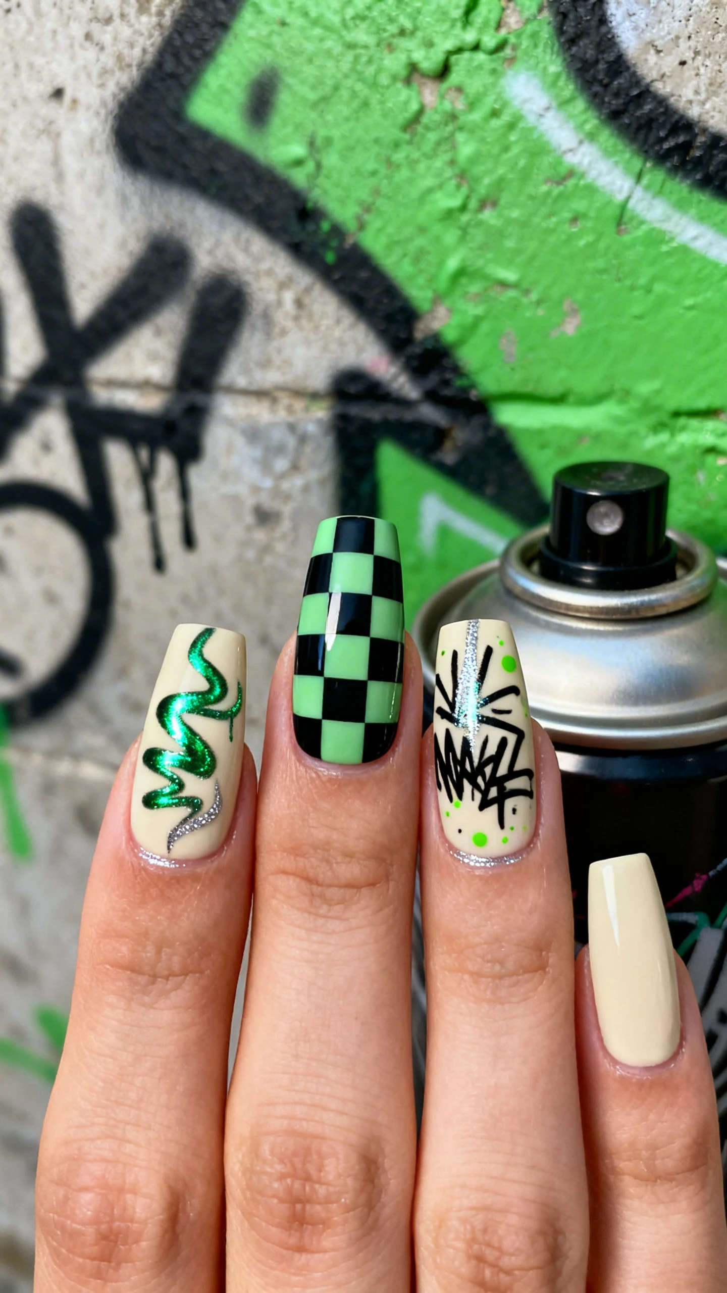 A beautiful macro photograph of one hand with medium coffin nails, sharp silhouette, in crisp focus. Opaque soft sand/cream base gel under all nails. Middle and ring feature full checkerboards: alternating forest green cream and matte black squares, precise 4x5 grid with clean edges. Other nails have graffiti accents: emerald chrome squiggles, black tag-style linework, and tiny lime splatters; subtle silver chrome highlight strokes. High-resolution, no faces visible. Background: urban wall texture with green-black graffiti elements and a chrome spray-can cap, moody studio lighting for an edgy Instagram look.