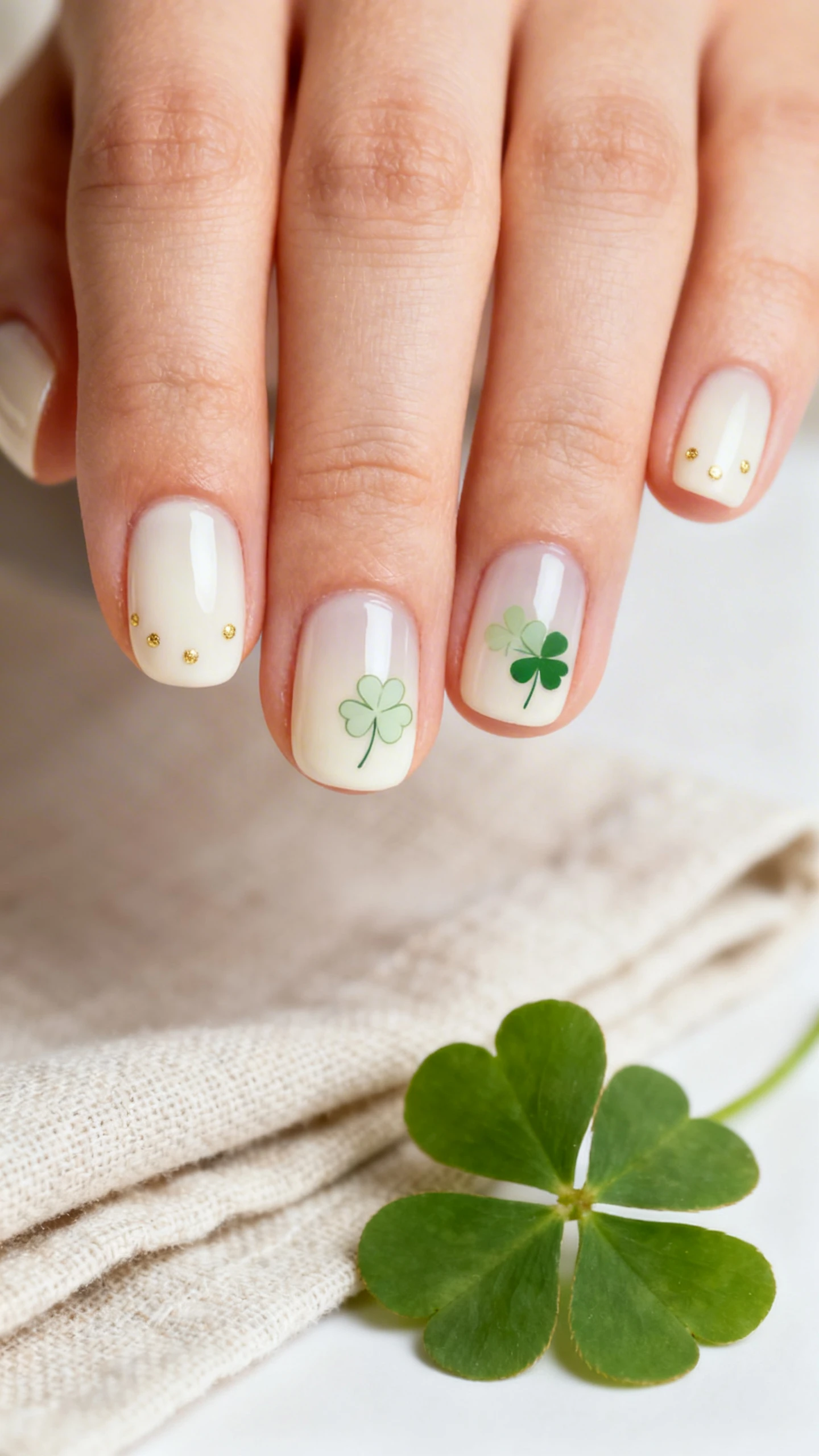 A beautiful macro photograph of one hand with short oval nails painted in a sheer cream, high-gloss finish; each hand shows one or two tiny micro clover outlines in pale sage and soft moss green, plus a few light gold micro dots tucked near the cuticles; the look is ultra-minimal and delicate, captured in sharp focus; background is a softly blurred linen napkin and a sprig of fresh clover for a subtle St. Patrick’s vibe; modern, Instagram-worthy lighting; no faces visible, only the hand and nails.