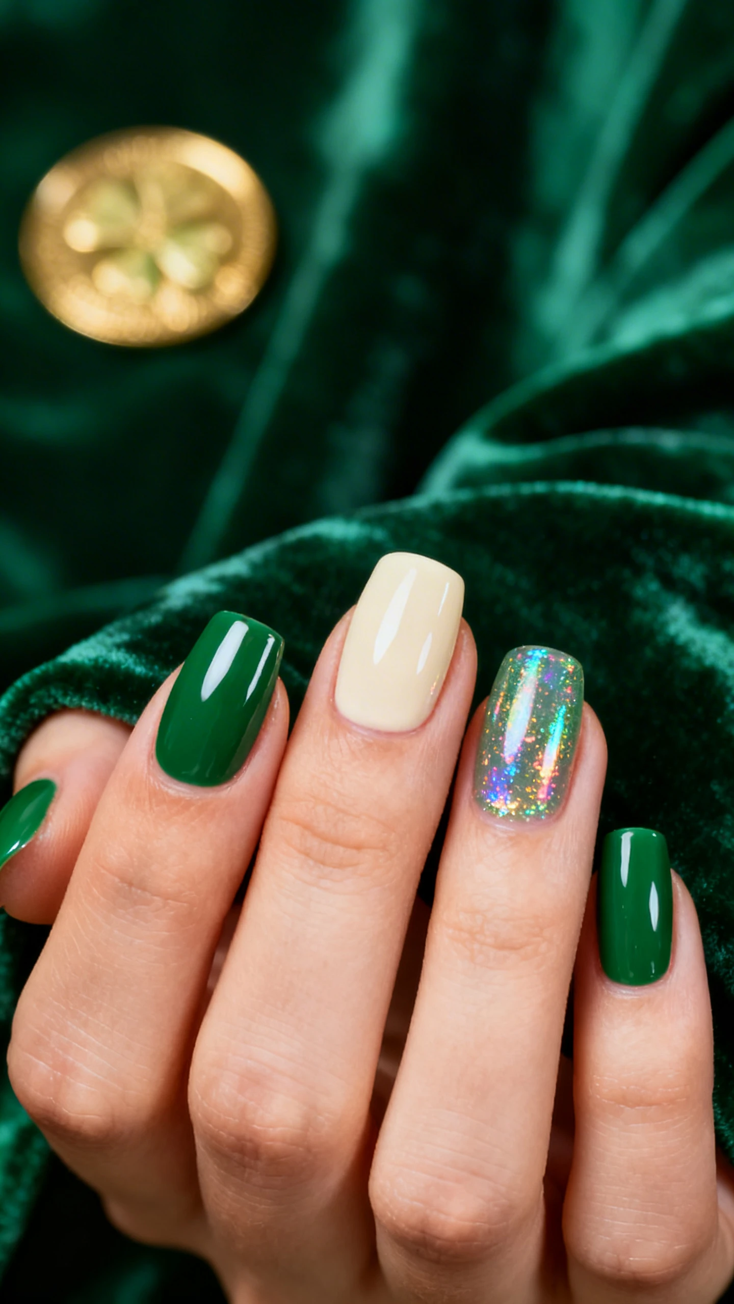 A beautiful macro photograph of one hand with short to medium almond/squoval nails, base color deep emerald green cream on all nails except one accent nail in soft cream; sheer holographic micro-fine shimmer top coat layered over every nail for a glazed, emerald aura glow; glossy, glass-like finish with subtle rainbow scatters; aesthetic background of velvet-textured deep green fabric with a soft gold coin glint out of focus for St. Patrick’s vibes; high-resolution, sharp focus on nail surface and cuticles; modern, Instagram-worthy lighting; no faces, only the hand and nails.