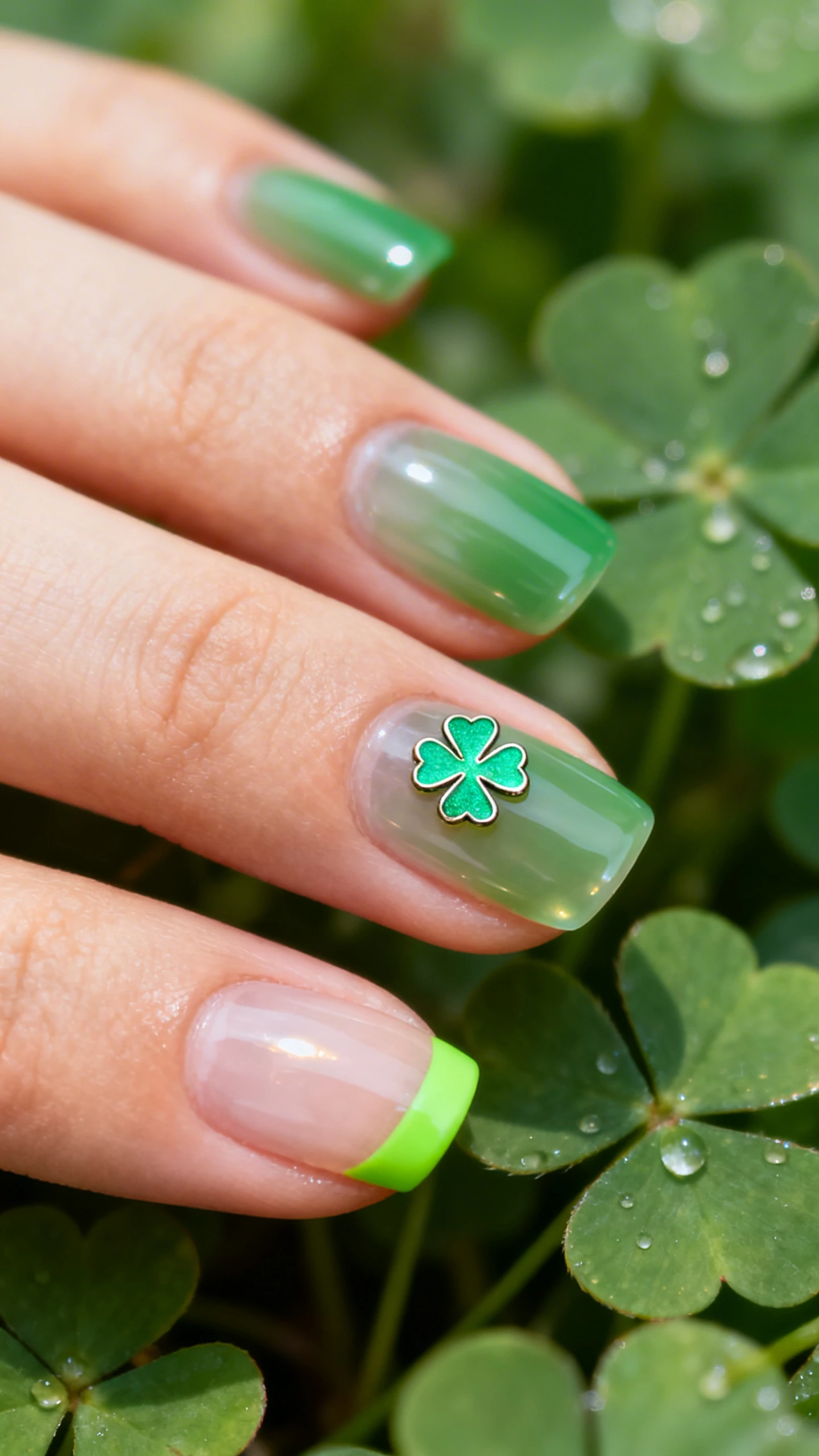 A beautiful macro photograph of one hand with short-to-medium oval nails: a high-shine clear base, index/middle/pinky in sheer glossy green jelly, ring finger with a tiny symmetrical metallic-emerald four-leaf clover decal centered near the cuticle, and thumb with a thin bright-lime French tip; lighting that emphasizes glassy reflections and cuticle oil glow (jojoba + vitamin E), high-resolution sharp focus on the nails only; background is a soft, blurred bed of clover leaves with dew for St. Patrick’s Day ambiance; modern, Instagram-worthy composition with slight angled hand pose, no faces visible.