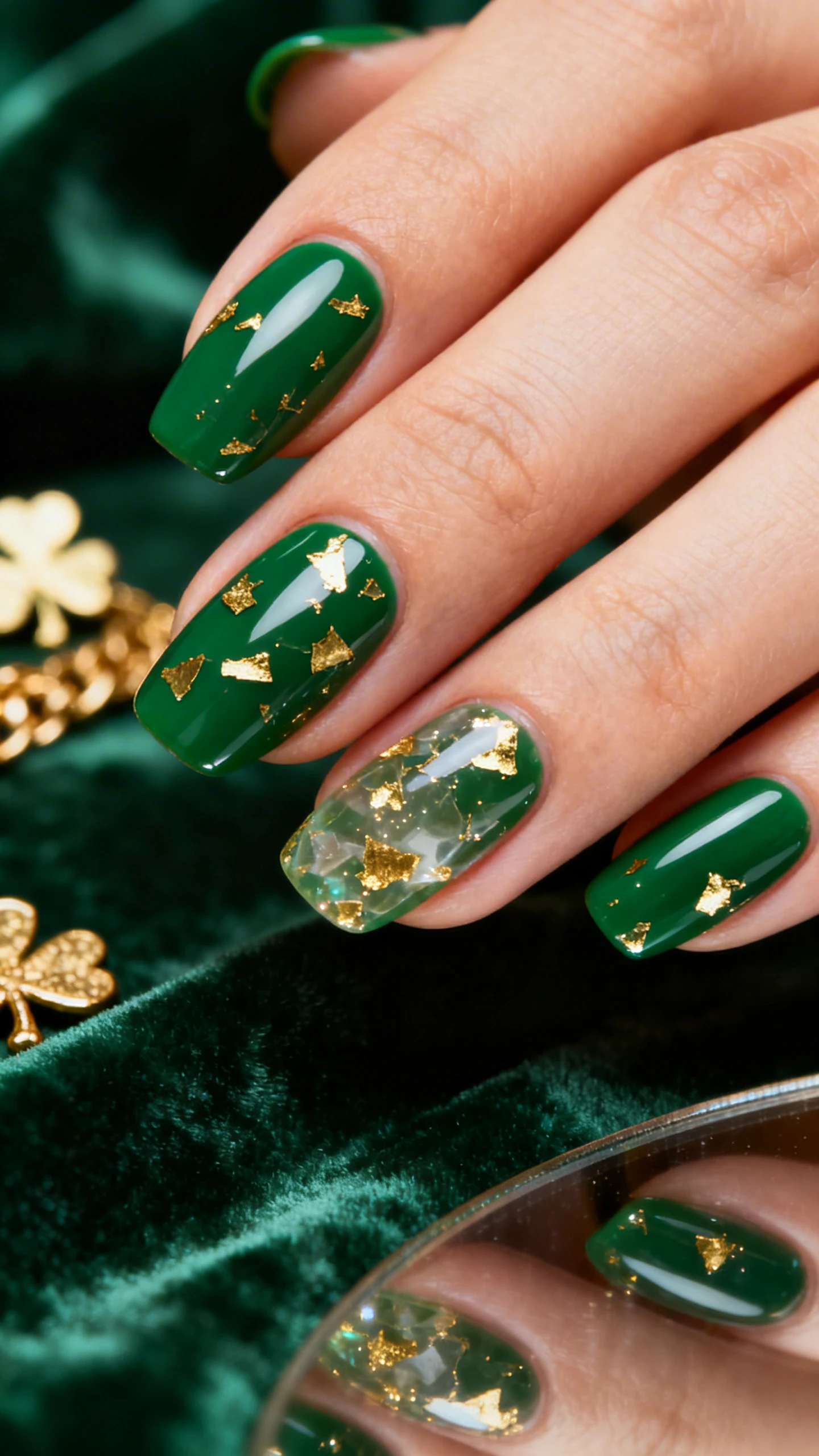 A beautiful macro photograph of one hand with short-to-medium almond or squoval nails painted in a deep emerald green glossy gel, topped with a sheer veil of irregular gold flakes suspended in clear, flakes scattered unevenly to create a refined, luxe twinkle over every nail; high-resolution, sharp focus showing the depth of the emerald and the texture of the flakes; aesthetic background of soft, dark green velvet fabric with a hint of gold jewelry blur for St. Patrick’s ambiance; modern, Instagram-worthy lighting with gentle reflections; no faces visible, focus only on the nails and hand.
