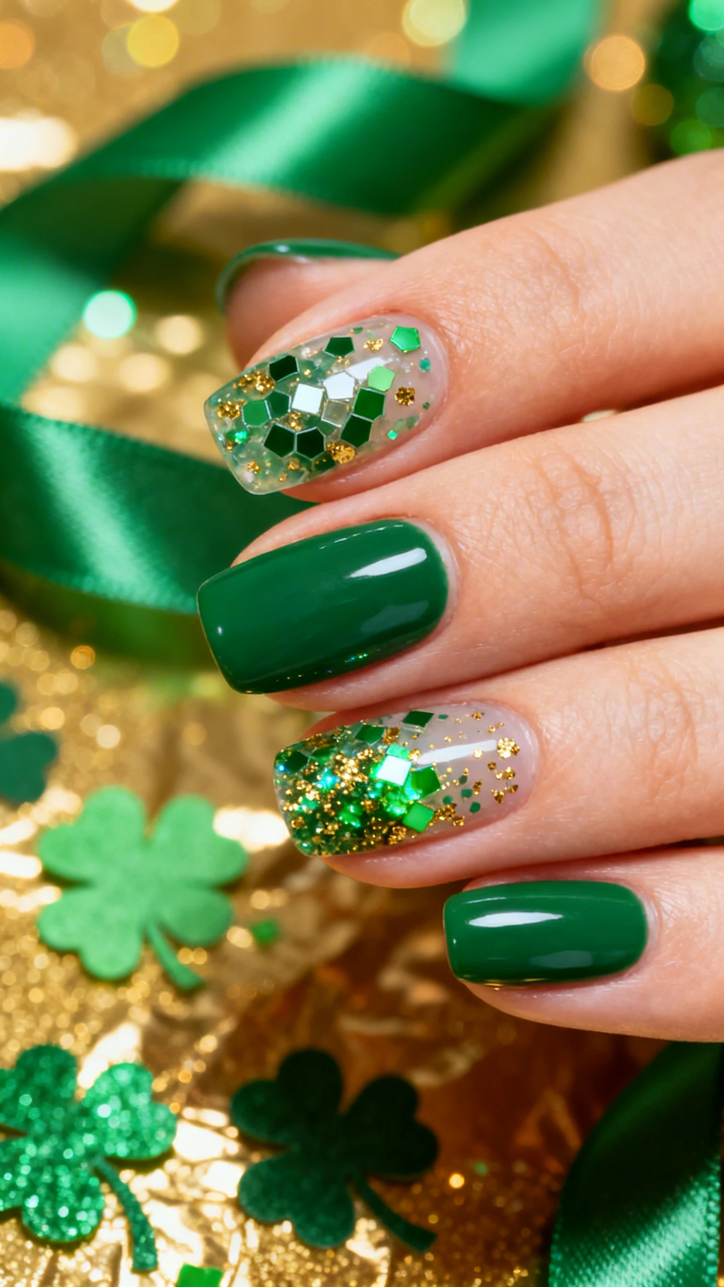 A beautiful macro photograph of one hand with short to medium softly squared or almond nails, painted in an opaque deep emerald green base (cream or jelly) on all nails. Layered with a clear glitter top coat featuring mixed green hex glitters in varied sizes from micro to medium, scattered gold micro-glitter, and a hint of green iridescent sparkle; concentrate the glitter slightly closer to the cuticle and diffuse toward the tips for a festive confetti parade effect. High-resolution, sharp focus on the nails, bokeh background of St. Patrick’s Day decor: green satin ribbon, shamrock confetti, and a soft gold foil backdrop for warm reflections. Modern, Instagram-worthy lighting, no faces visible, only the hand and nails.