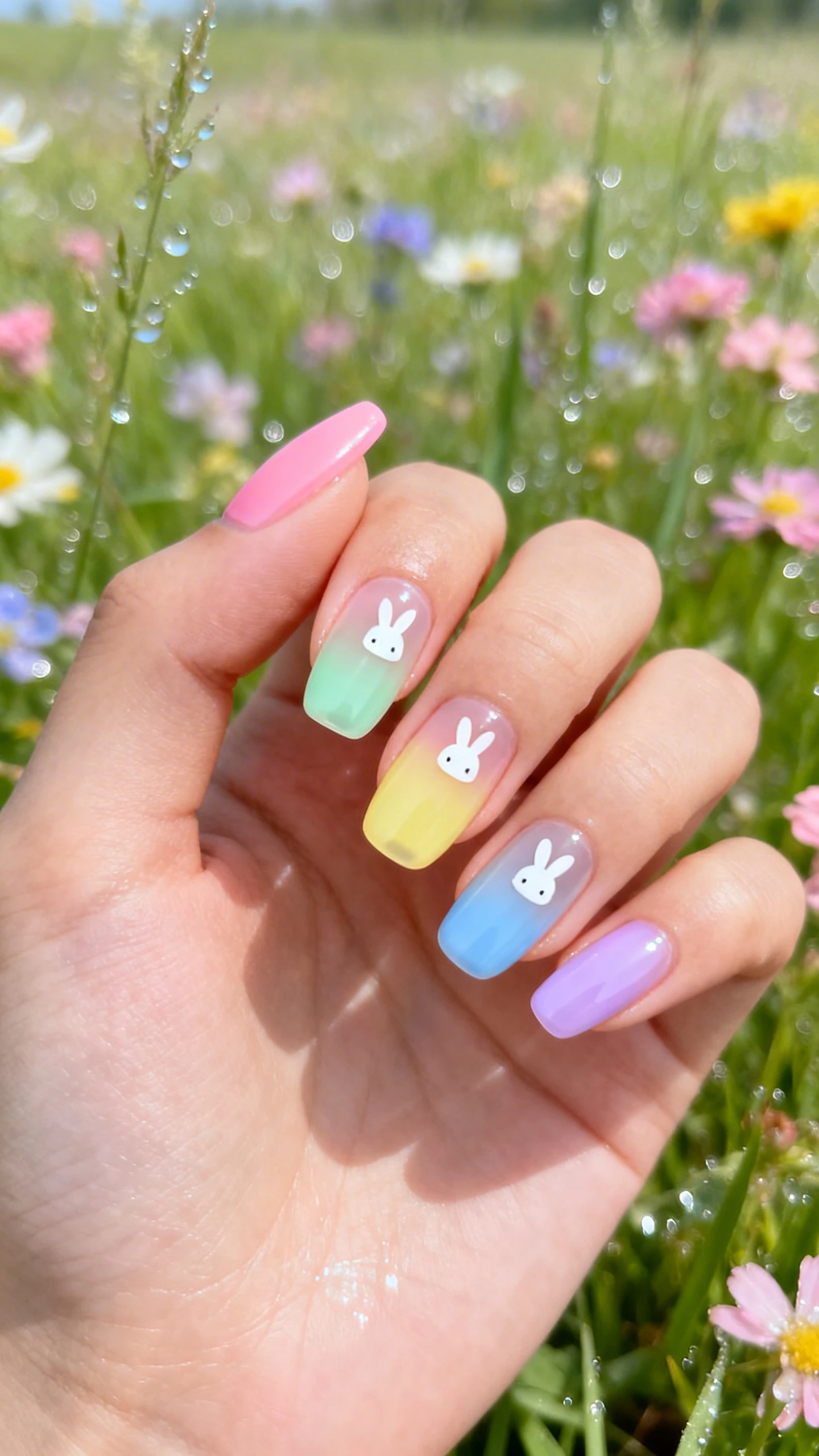 A beautiful macro photograph of one hand with short to medium almond/squoval nails in a glossy finish, each nail painted in a sheer jelly pastel gradient: baby pink, mint green, butter yellow, sky blue, and lavender. Tiny white bunny decals centered near the mid-to-tip area on each nail, sized small to keep the look airy. High-resolution, sharp focus on the nails; soft-focus spring meadow background with pastel wildflowers and dewy grass to match the palette. Modern, Instagram-worthy lighting with gentle highlights on the glossy surface; no faces, only the hand and nails.