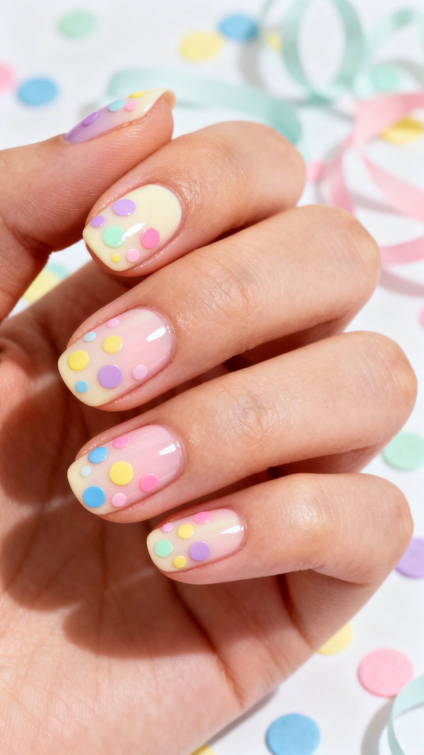 A beautiful macro photograph of one hand with short to medium rounded or squoval nails, sheer glossy base in soft cream or pale pink. Multi-sized pastel dots in scattered clusters across each nail; dot colors: pastel lavender, mint, lemon yellow, cotton-candy pink, and sky blue. Dot distribution: 2–3 larger dots centered per nail with smaller dots radiating outward; spacing airy and playful. High-resolution, sharp focus on the nail surface and glossy reflection. Aesthetic background: softly blurred Easter confetti and pastel paper streamers to echo the dot theme. Modern, Instagram-worthy lighting, no faces visible, only the hand and nails.