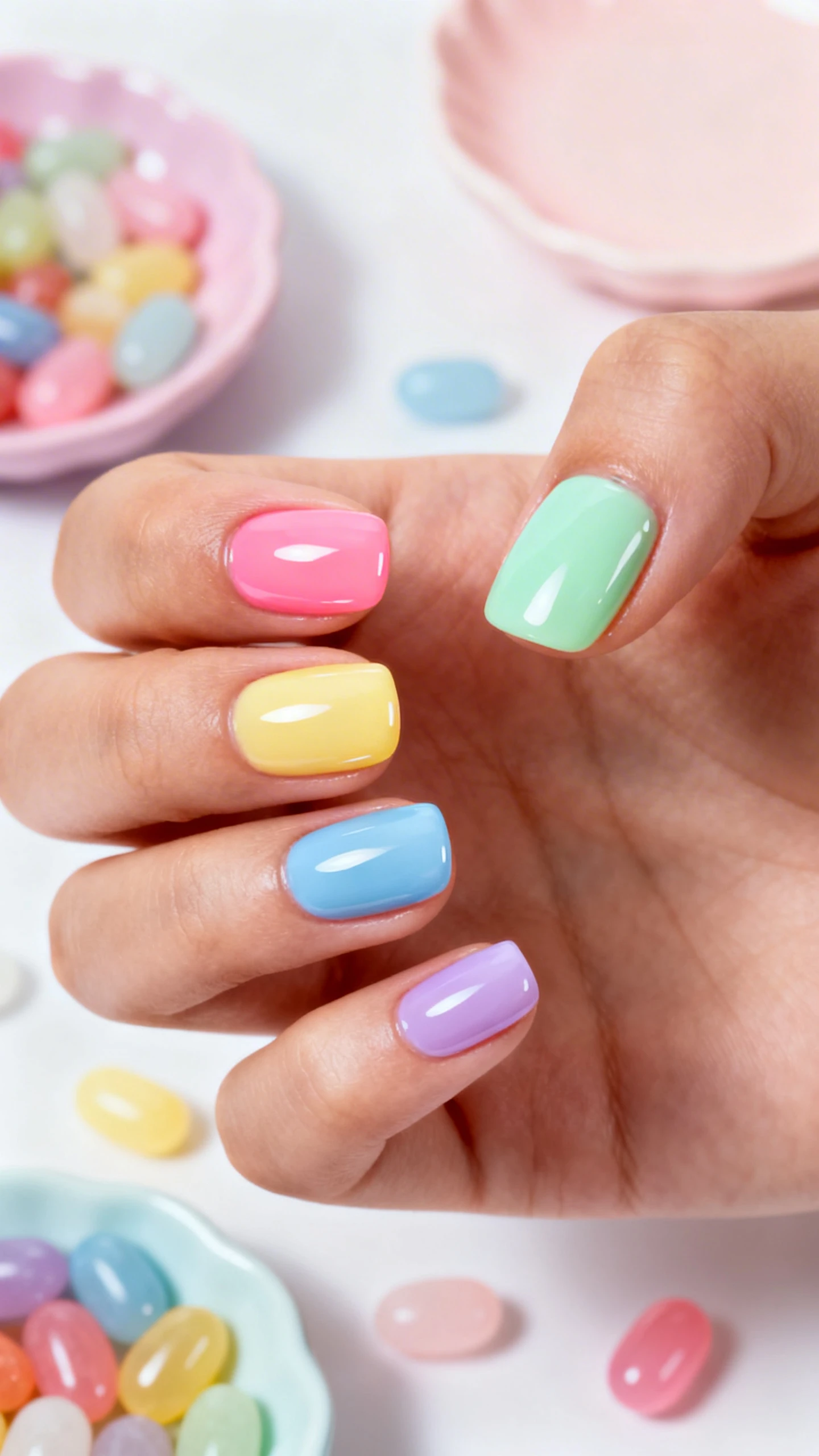 A beautiful macro photograph of one hand with short-to-medium round/soft-square nails in a glossy “jellybean” silhouette; each nail painted an opaque pastel in different colors: bubblegum pink, mint green, butter yellow, sky blue, and lavender—one color per nail; ultra-glossy, glass-like top coat that reflects soft highlights; sharp focus on the nails with slight depth of field; background of scattered jellybeans and pastel candy dishes in soft blur; modern, Instagram-worthy studio lighting; no faces, only the hand and nails.
