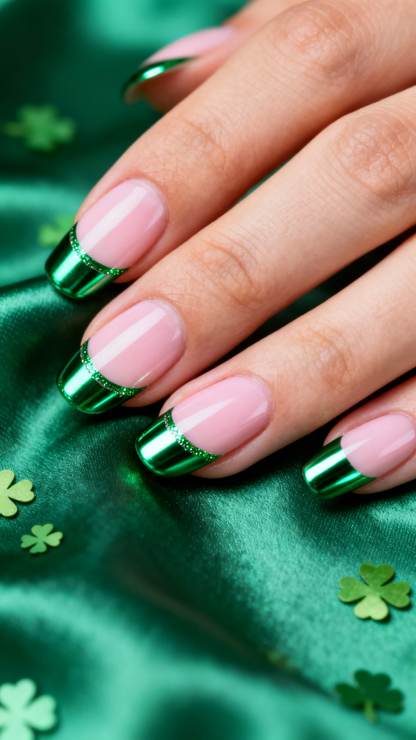 A beautiful macro photograph of one hand with short-to-medium oval nails, sheer pale pink base, and thin metallic emerald chrome French tips (2–3 mm) with a smooth, even C-curve; optional ultra-slim emerald micro-glitter line just beneath the tip; high-resolution, sharp focus on the reflective chrome; aesthetic background: soft-focus emerald satin fabric with scattered tiny shamrock confetti; modern, Instagram-worthy lighting; no faces, only the hand and nails.