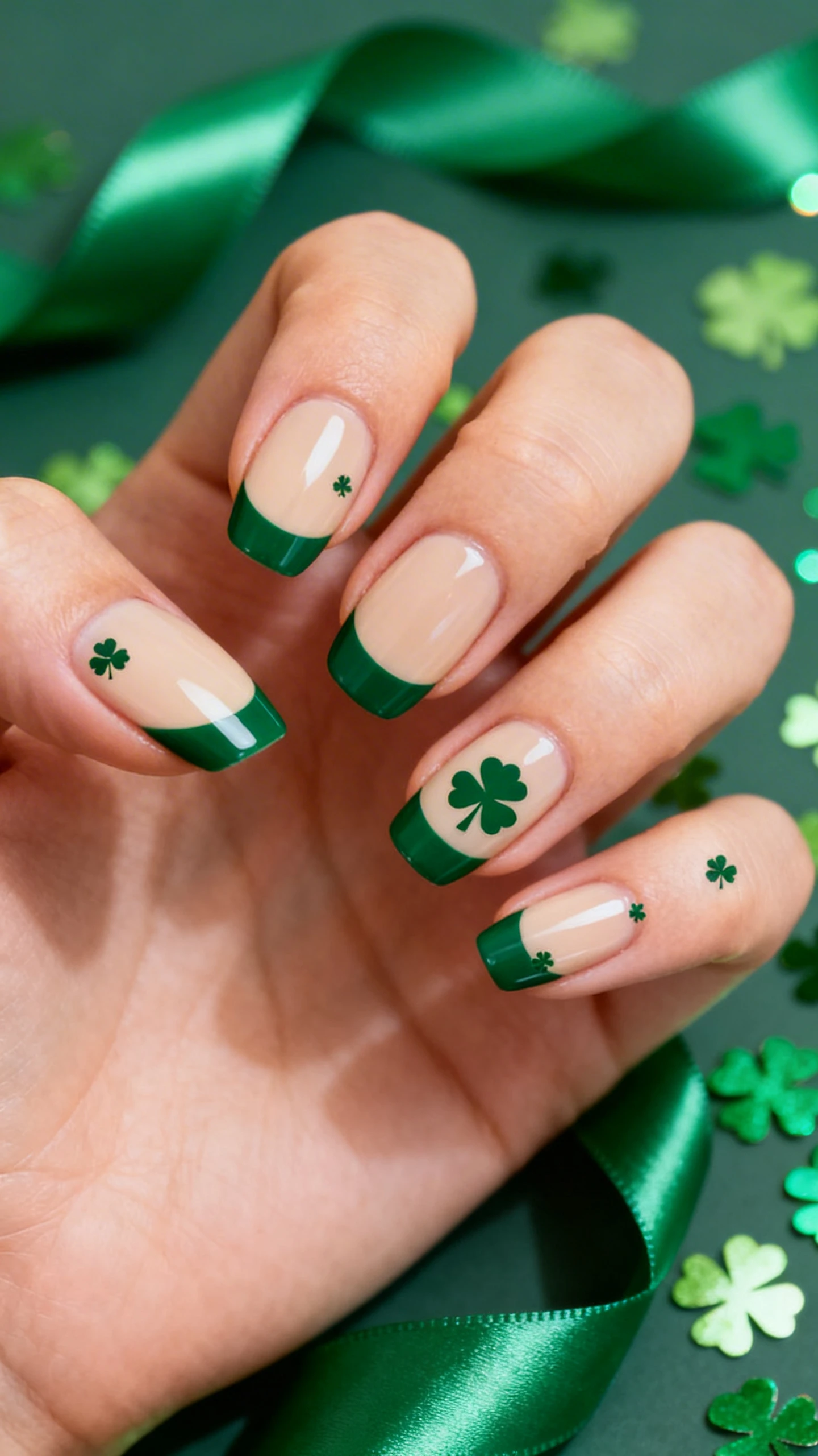 A beautiful macro photograph of one hand with short to medium round or squoval nails, sheer glossy beige base, slim curved French tips in deep emerald green; ring finger and thumb tips feature a tiny four-leaf clover left as crisp negative space within the green using a stencil, while the other fingers each have a single micro clover near the sidewall of the tip; high-resolution, sharp focus on the nails, subtle bokeh background of emerald satin ribbon and scattered shamrock confetti for St. Patrick’s Day, modern Instagram-worthy lighting, no faces, only the hand and nails centered.