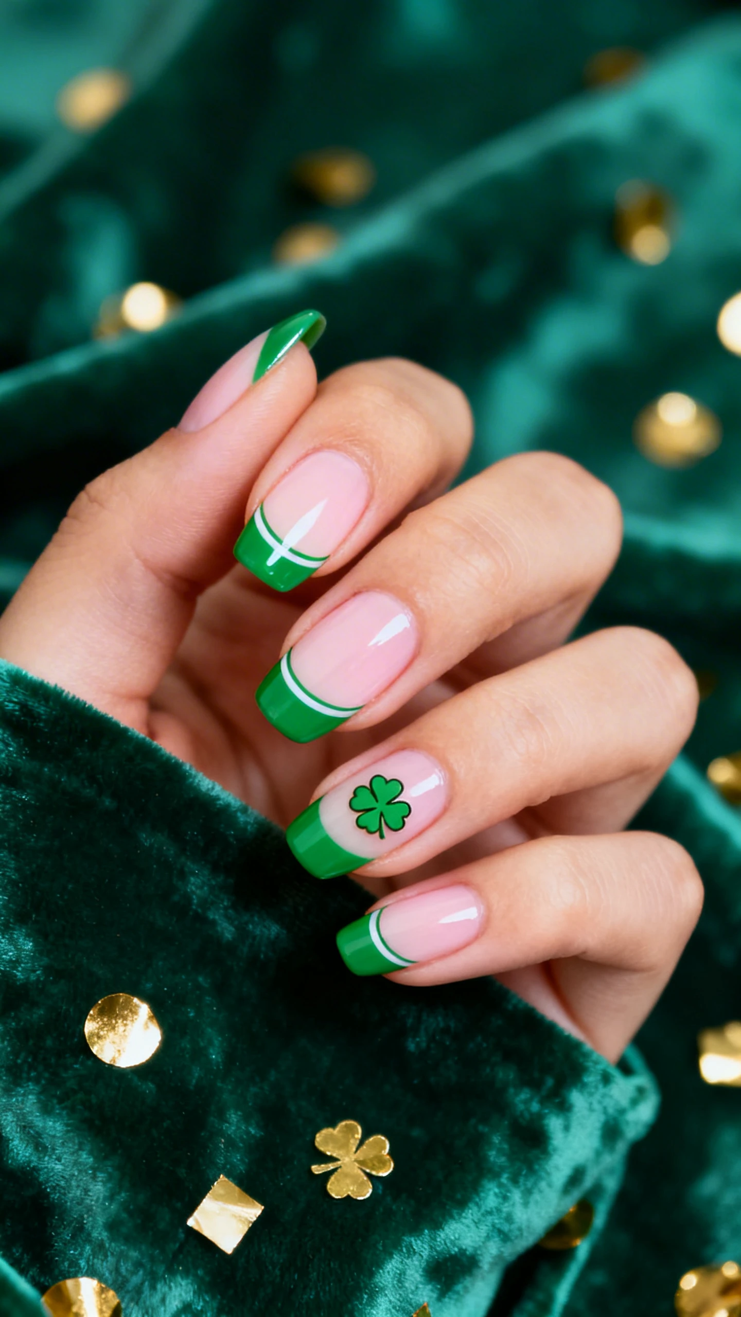 A beautiful macro photograph of one hand with short-to-medium almond/squoval nails. Sheer cream-to-very-light pink base with glossy emerald green French tips, 2–3 mm wide with a crisp smile line. One or two micro shamrock decals: primary on the ring finger near the cuticle. High-resolution, sharp focus on the tips and decal details; soft bokeh background of velvety emerald fabric and scattered gold confetti to enhance St. Patrick’s Day vibe. Modern, Instagram-worthy lighting; no faces, only the hand and nails.