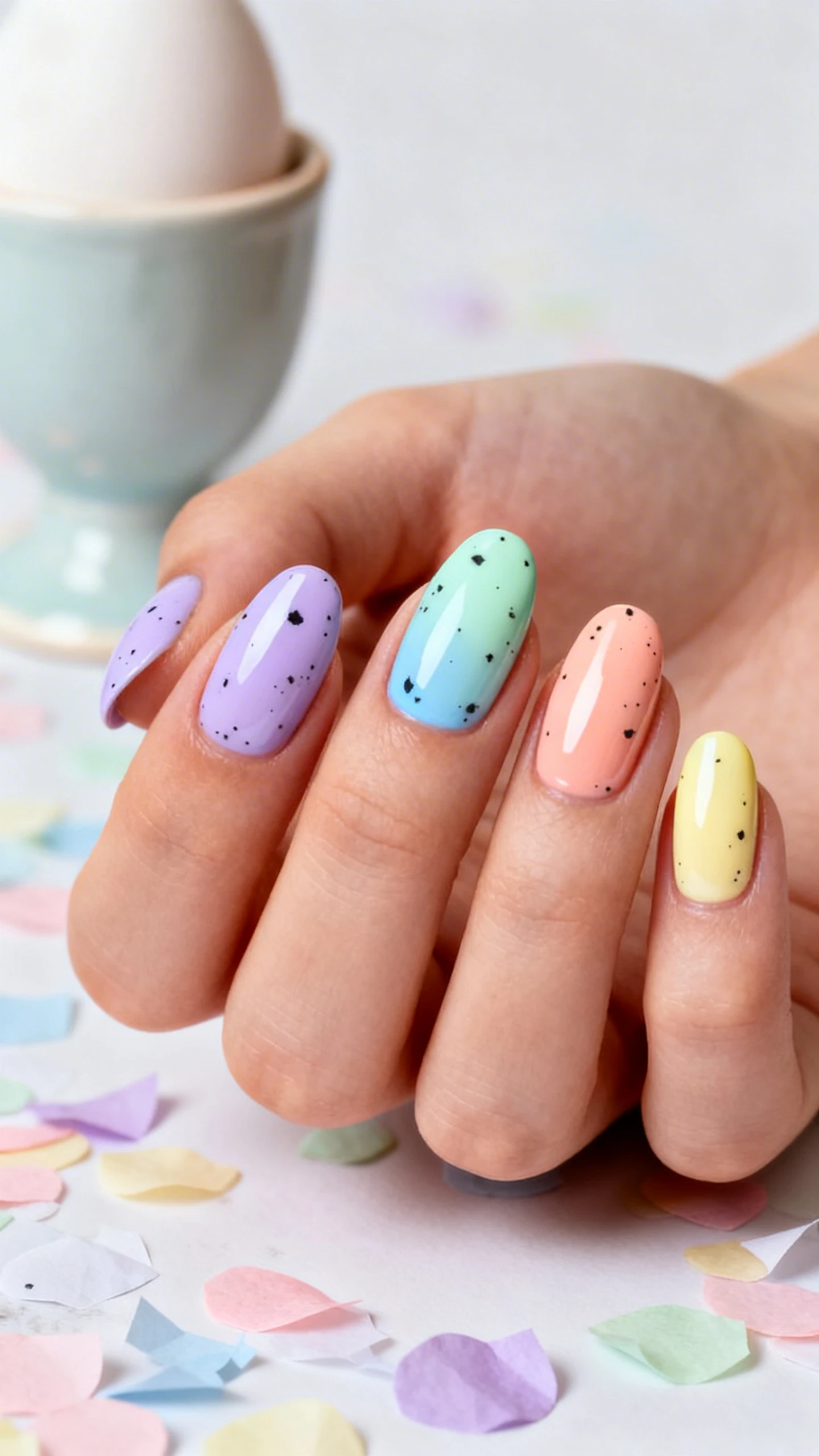 A beautiful macro photograph of one hand with short to medium almond nails showcasing a Candy Egg Speckle Skittles design; each nail painted a different creamy pastel gel: lilac, robin’s egg blue, soft mint, peach sorbet, and light lemon; semi-gloss to glossy finish; tiny, irregular black and charcoal speckles scattered across each nail, slightly more concentrated near the cuticle and tapering toward the tip for a candy egg effect; sharp, high-resolution focus on the nails; soft Easter-themed background with pastel paper confetti and a ceramic egg cup slightly out of focus; modern, Instagram-worthy lighting; no faces, only the hand and nails.