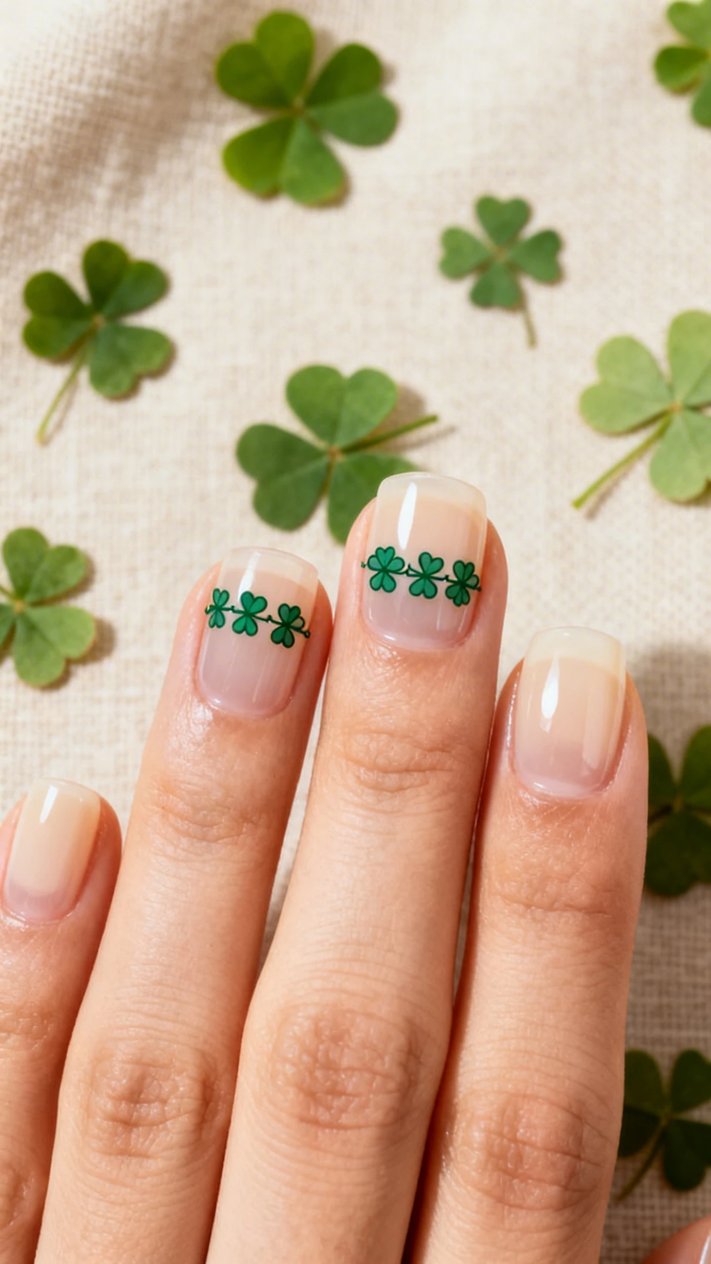 A beautiful macro photograph of one hand with short to medium oval nails, transparent jelly base in soft cream/sheer beige, sharp focus on two accent nails (ring and middle) featuring a horizontal chain of tiny open-outline clovers in deep emerald green gel; each clover formed by four mini heart-shaped leaves with precise fine-line detailing; subtle glossy finish, clean cuticles, soft natural skin tone; aesthetic background of scattered pressed shamrocks and linen in warm neutral tones; modern Instagram-worthy lighting with gentle highlights; no faces, only the hand and nails.