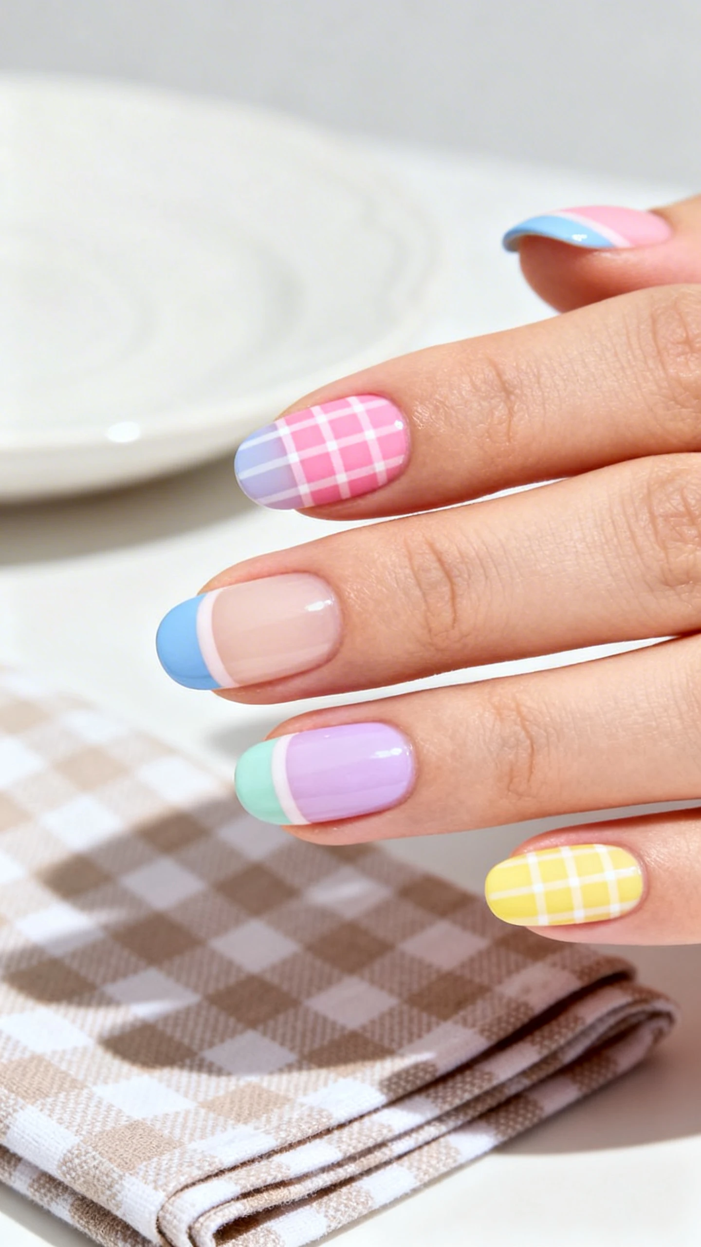 A beautiful macro photograph of one hand with short round nails featuring Pastel French With Gingham Tips; base is a sheer cream or one thin coat of milky pastel pink; medium-thin French tips alternating across nails in powder blue, baby pink, pale lavender, mint, and lemon; each colored tip overlaid with a delicate gingham pattern formed by ultra-fine horizontal and vertical white lines; crisp, high-resolution focus on the tips; clean, minimal background with a folded gingham napkin and a white porcelain plate blurred behind; modern, bright studio light; no faces, only the hand and nails.