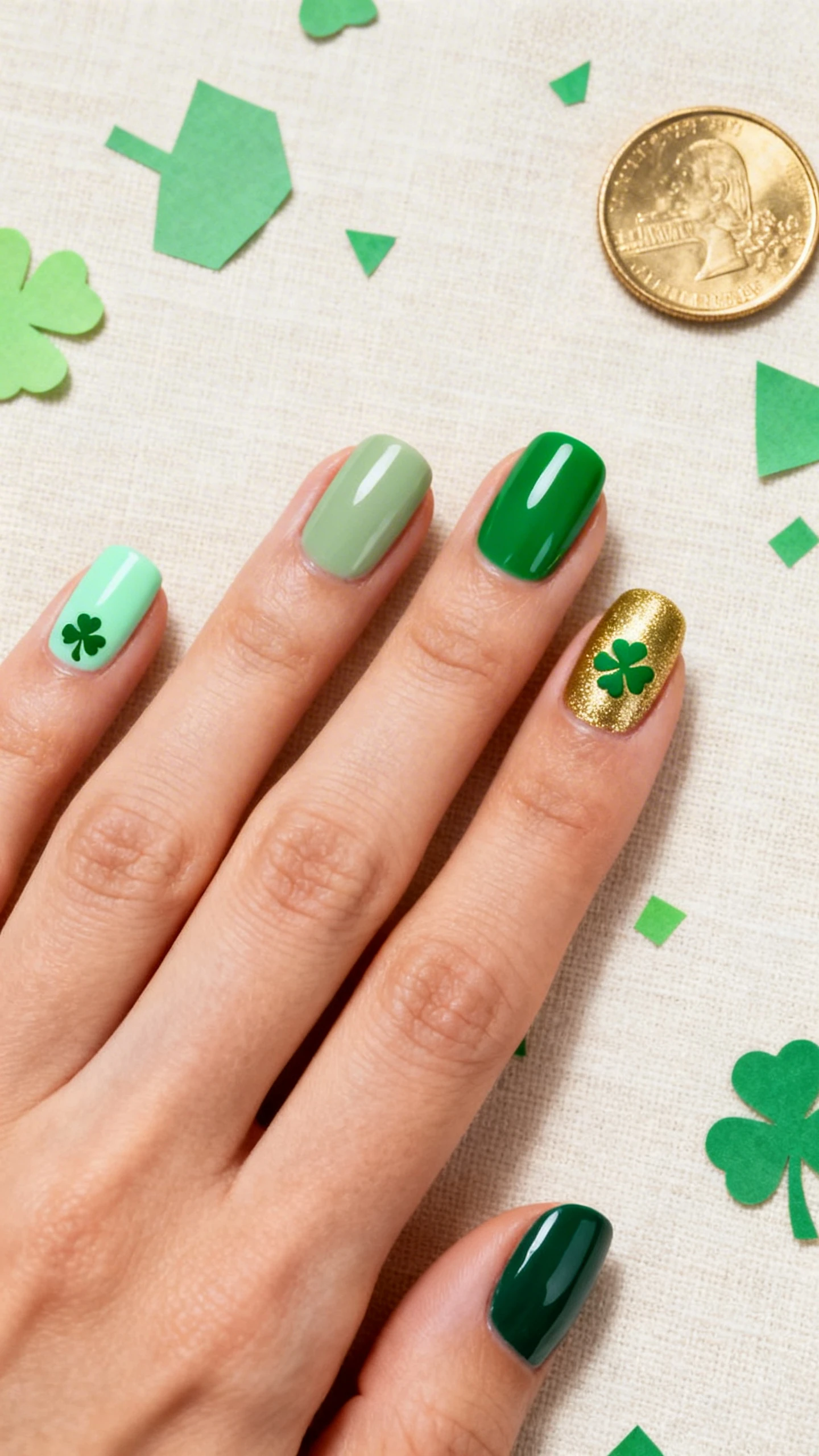 A beautiful macro photograph of one hand with short, rounded nails painted in coordinated greens: pastel mint (thumb), soft sage (index), true Kelly green (middle), deep forest (ring), and metallic gold accent (pinky); tiny centered four-leaf shamrocks in Kelly green on the index and ring over mint/sage bases placed near the cuticle; crisp, glossy finish; high-resolution, sharp focus; aesthetic background: pale linen with sprinkled green paper cut-outs and a gold coin; modern, Instagram-style composition; no faces, only the hand and nails.