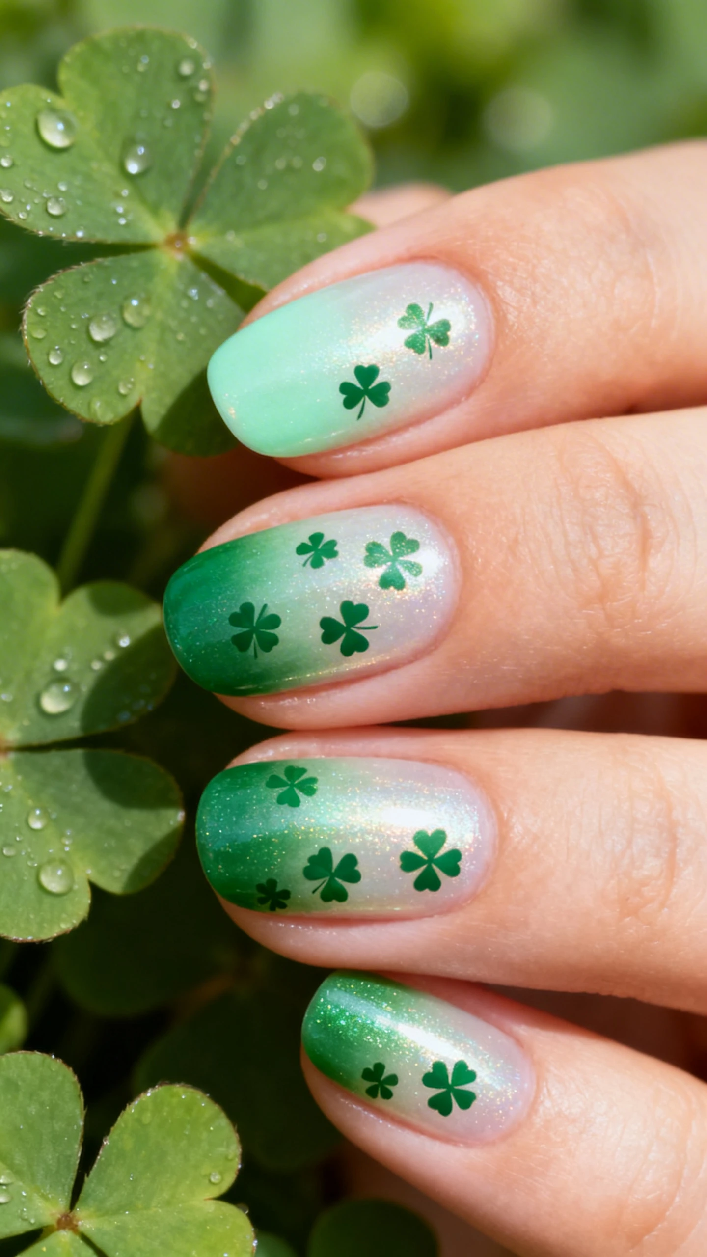 A beautiful macro photograph of one hand with short to medium oval nails; silky semi-sheer pearly base under a vertical green gradient shifting from pale mint at one side to deeper jade at the other; each nail features 3–5 tiny four-leaf clover stencil shapes scattered like confetti across the center and lower third, in hues that echo the gradient from mint to jade; high-resolution, sharp focus to capture pearlescent sheen and crisp clover edges; background features soft-focus dewdrop-covered clover leaves for a fresh spring vibe; modern, bright, Instagram-worthy, no faces, only the hand.