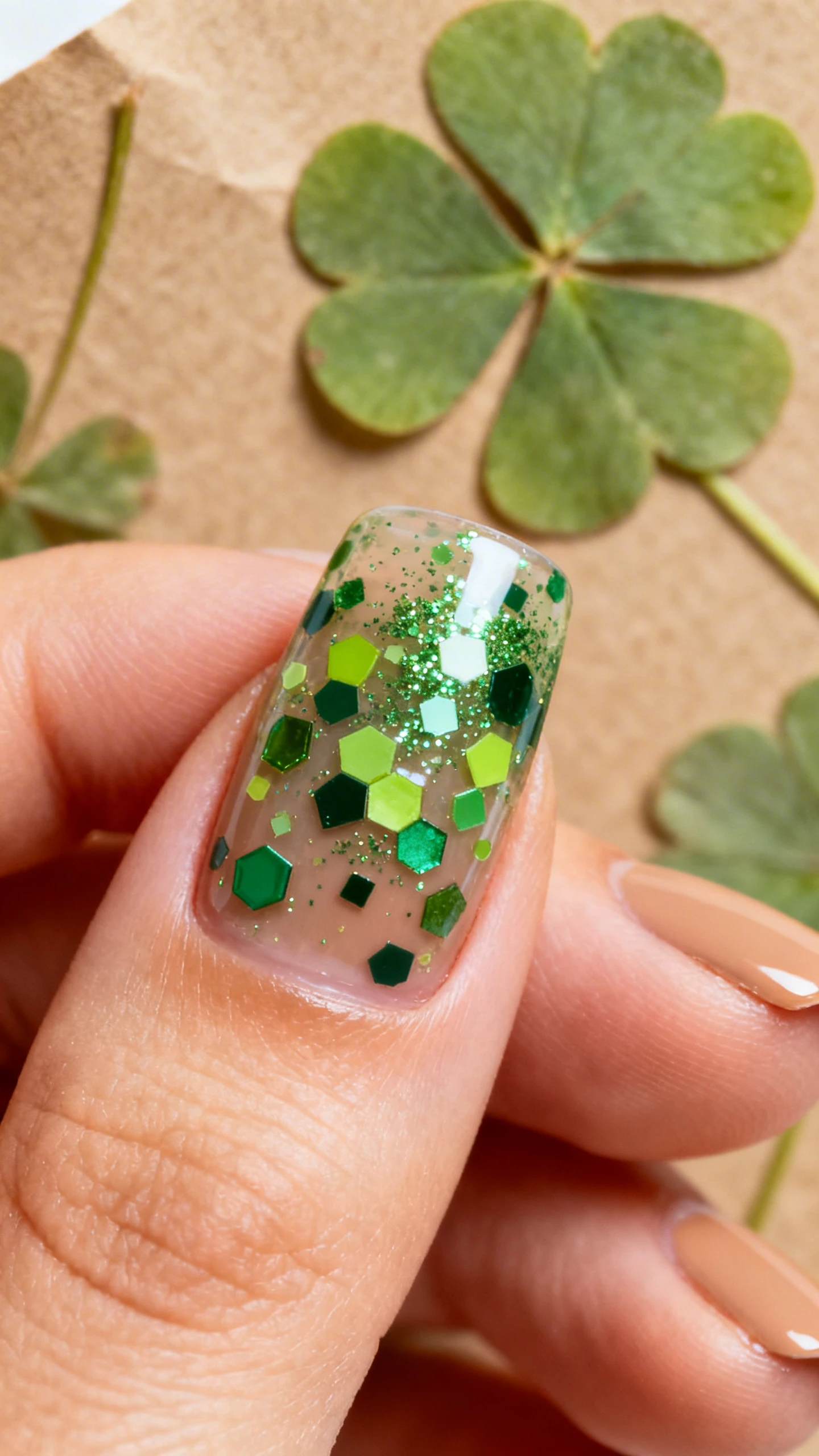 A beautiful macro photograph of one hand with short to medium square/squoval nails painted in soft tan/sand as the base; layered with a clear topper containing mixed-size green hex glitter in forest and lime tones, artfully scattered for confetti effect; a secondary ultra-fine green sparkle misted lightly over the entire nail for depth; crisp edges and glossy topcoat; aesthetic background of kraft paper and pressed clover leaves softly blurred; high-resolution, sharp focus showing glitter dimension; modern, Instagram-worthy composition; no faces, only the hand and nails.