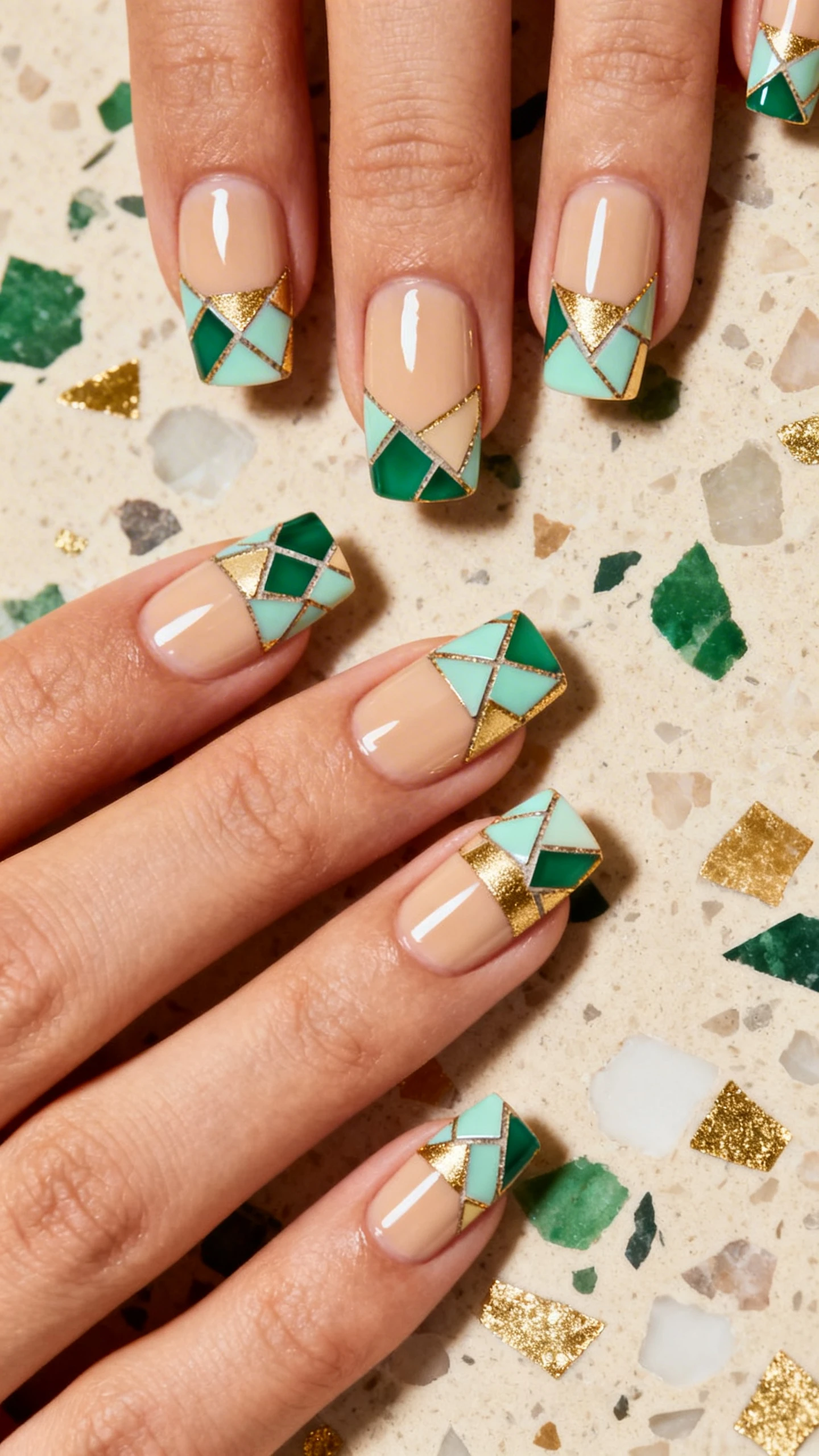 A beautiful macro photograph of one hand with short square or squoval nails, high-shine top coat; warm soft beige base covering the full nail; angular mosaic French tips reaching one-third down the nail plate in a tessellated pattern mixing emerald, jade, pastel mint, and champagne gold tiles with clean, sharp edges; fine flat shader transitions ensure crisp geometry; high-resolution, sharp focus that captures the glassy shine of each mosaic segment; aesthetic background: terrazzo-inspired surface in neutral beige with scattered green and gold fragments; modern, Instagram-worthy composition; no faces visible, focus only on the nails and hand.
