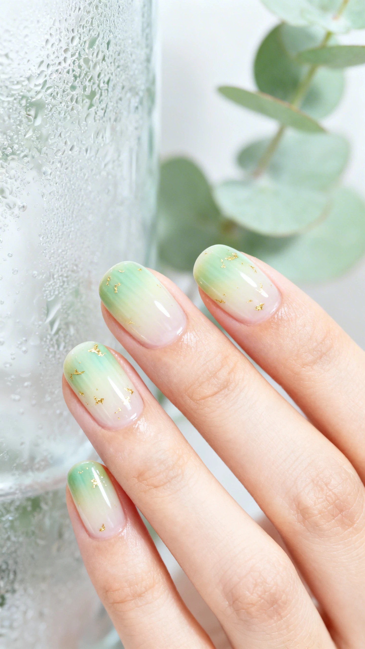 A beautiful macro photograph of one hand with short-to-medium round nails displaying a soft aura blend: translucent milky cream base with diffused pistachio green and a touch of mint radiating from the center toward the edges, finished with a whisper of lightweight, finely milled gold flakes sparsely dispersed across the surface; airy, luminous finish with a glossy seal; high-resolution, sharp focus emphasizing the gradient softness and delicate gold dusting; aesthetic background of frosted glass and pale green eucalyptus blur; modern, Instagram-worthy look; no faces visible, focus only on the nails and hand.
