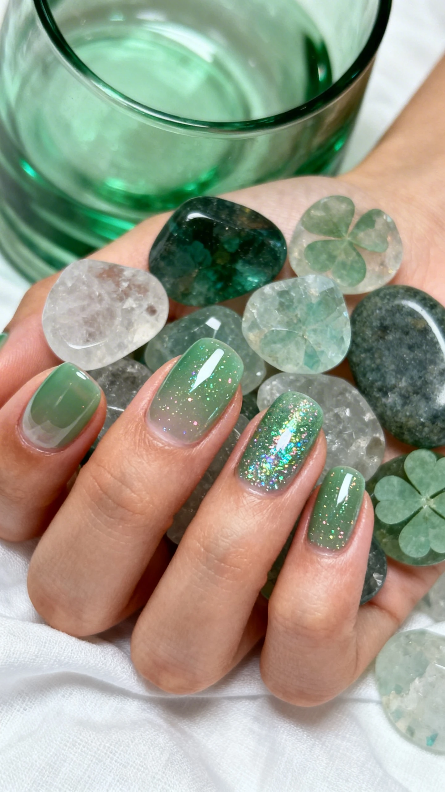 A beautiful macro photograph of one hand with short to medium rounded or oval nails. Start with a clear base, then one thin coat of sheer bottle-green jelly polish, followed by a light layer of holographic scattered glitter top coat (fine particles only, no chunks), and finish with a second coat of the same sheer bottle-green jelly to veil the sparkle like clover quartz layers; glossy top coat for a glassy depth. High-resolution, sharp focus on the nails, gemstone-inspired background: polished quartz pebbles, translucent green glass, and soft white linen. Modern, Instagram-worthy lighting, no faces visible, only the hand and nails.