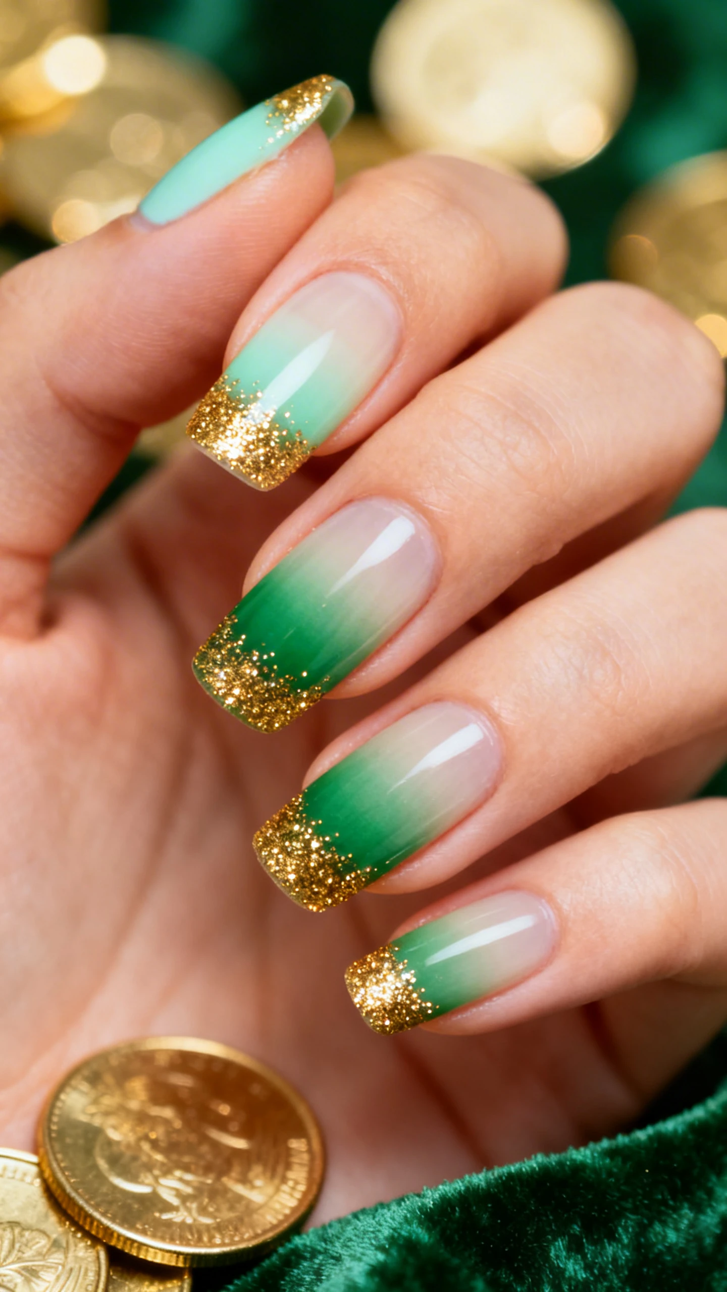 A beautiful macro photograph of one hand with short-to-medium squoval nails showing a seamless ombré: translucent cream base, whisper of pastel mint at the cuticle, blending to medium Kelly green mid-nail, ending in dense, fine-grain reflective micro-gold glitter at the free edge; gradient smooth and even across all nails; high-resolution, sharp focus capturing glitter texture; aesthetic background: soft bokeh of gold coins and green velvet; bright, Instagram-worthy lighting; no faces, only the hand and nails.