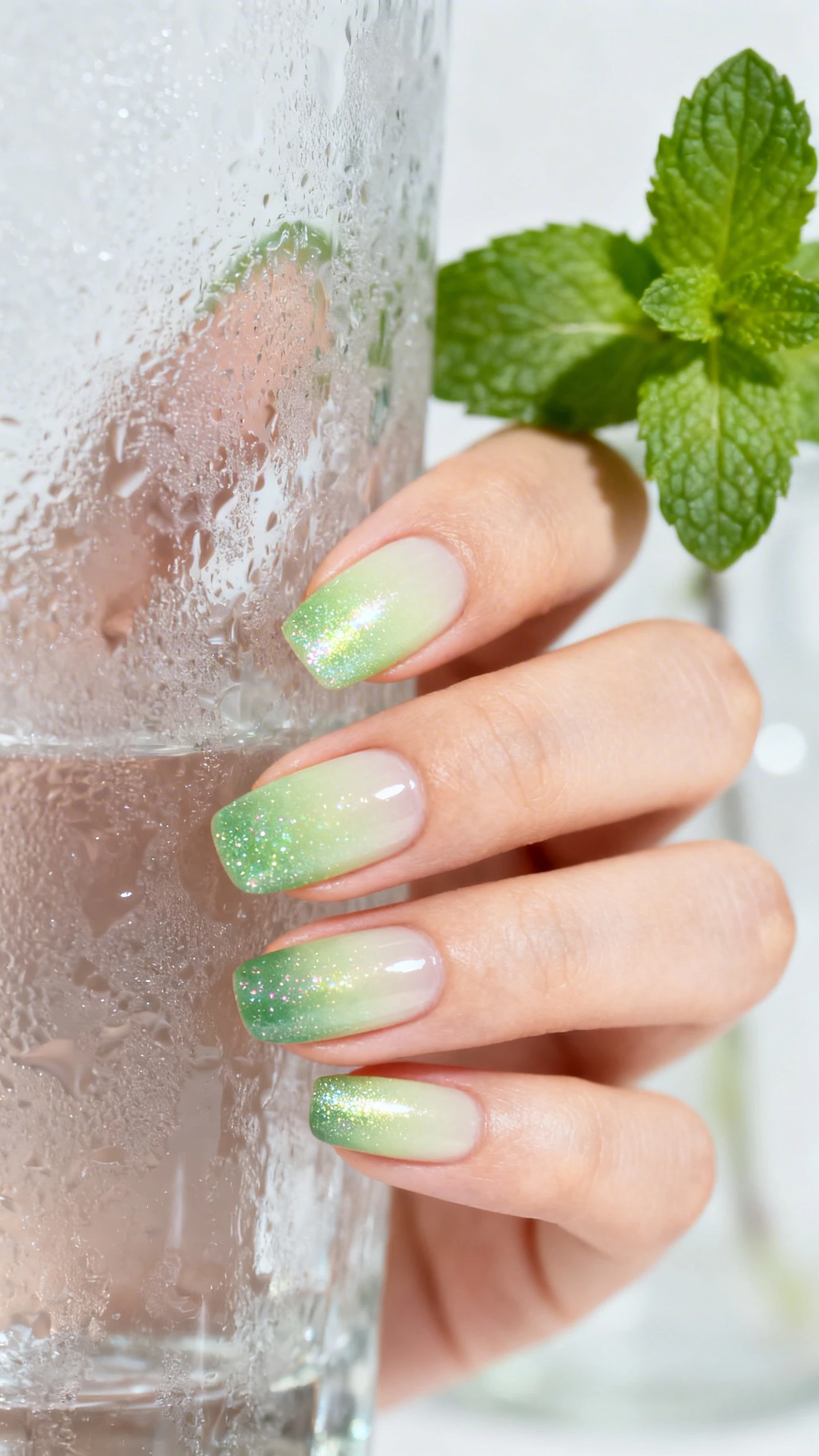 A beautiful macro photograph of one hand with short to medium almond nails; ombre base starting with a sheer cream layer, blending pale pistachio green from mid-nail to tip using a sponge, with a whisper of deeper jade just at the free edge; topped with a luminous sheer glitter that gives a soft green luminescence without obscuring the gradient; dewy, high-gloss finish; aesthetic background of frosted glass and a sprig of fresh mint leaves softly out of focus; high-resolution, sharp focus on gradient transitions and sparkle; modern, Instagram-worthy style; no faces, only the hand and nails.