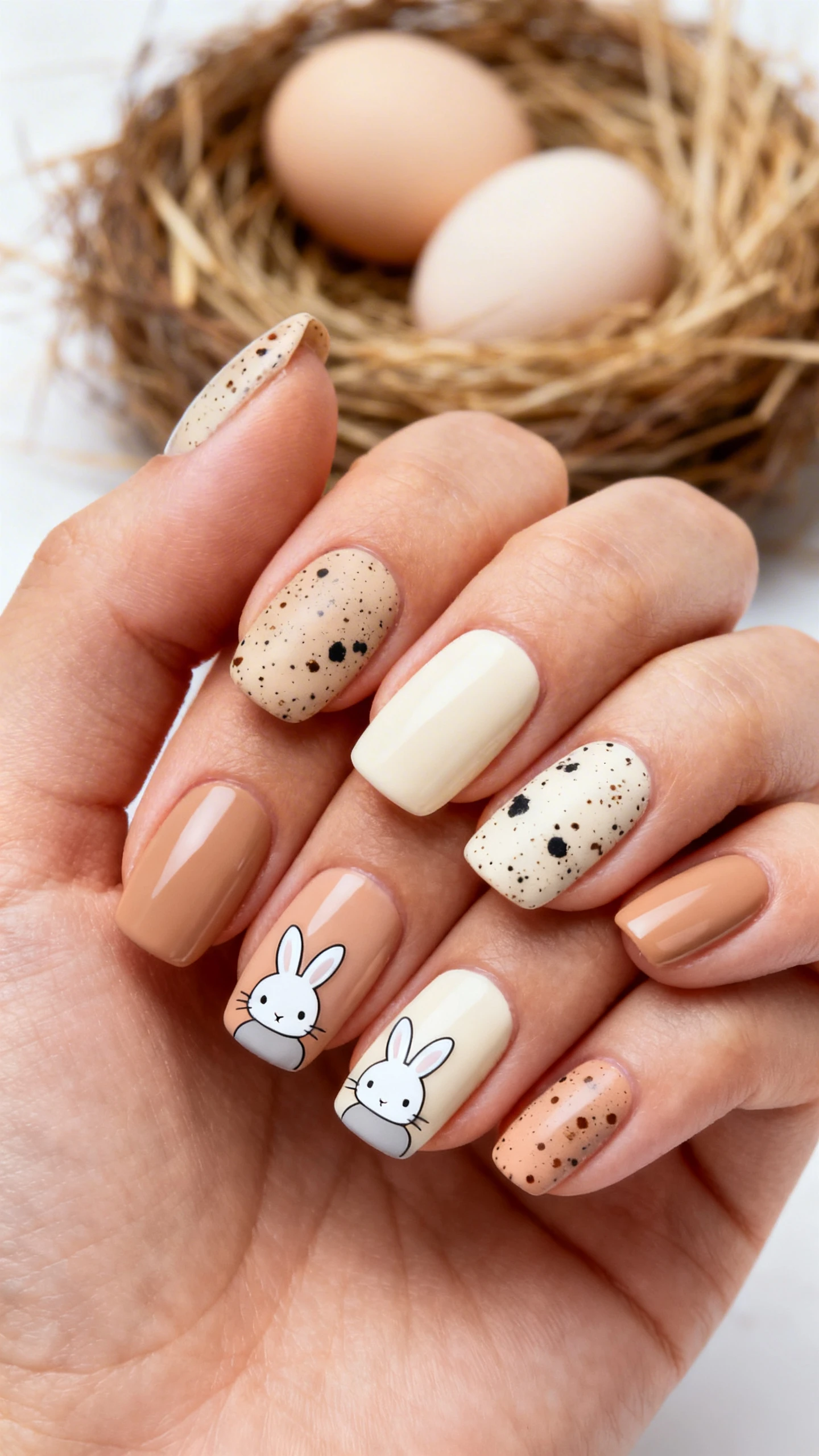 A beautiful macro photograph of one hand with short to medium squoval nails in a satin/soft-gloss finish, base colors rotated across nails in muted sand, cream, and soft tan. Fine black and brown speckle effect lightly splattered over the dried base, concentrated toward the tips for a natural speckled-egg look. Small neutral-toned white or soft-gray bunny decals placed near the lower third of two accent nails (middle and ring) for balance. High-resolution, tack-sharp detail on the speckles and soft sheen; rustic spring background with blurred straw nest and pale eggs to echo the theme. Modern, Instagram-worthy lighting; no faces, only the hand and nails.