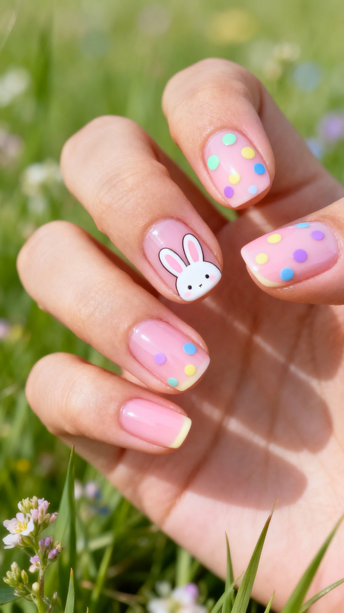 A charming macro photo of one hand with short-to-medium squoval/oval nails; base of soft cream or very sheer pink for a bright, clean canvas; on the ring finger, a small white bunny ear silhouette near the cuticle/sidewall—two slender, rounded ears with a light pink inner detail; scattered meadow dots on other nails in tiny clusters of pastel mint, butter yellow, lavender, and sky blue; high-gloss top coat; crisp, detailed focus on the bunny ears and dot placement; blurred meadow-inspired backdrop with soft green grass and tiny spring florals; fresh, modern lighting; no faces, only the hand and nails.