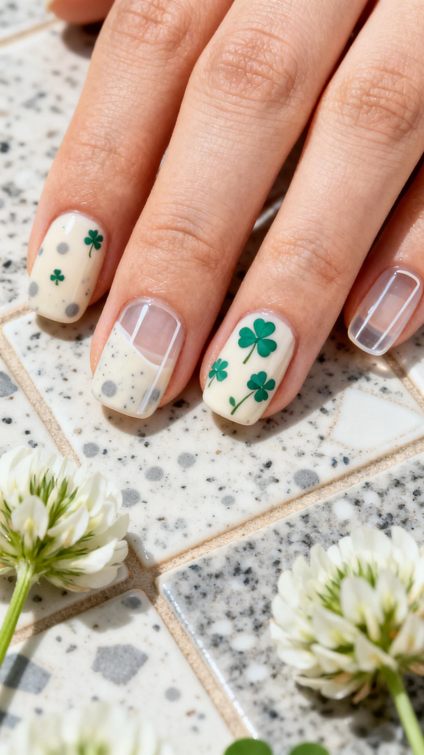A crisp macro image of one hand with short squoval nails, sheer milky cream base with soft gray ceramic-style speckles created by dispersed dots; on two nails, scattered mini emerald clovers with four rounded leaves and a tiny stem using micro-detail precision; on two other nails, intentional negative space cutouts (clear windows) shaped as slim diagonal bands; breathable, semi-translucent look; background resembling a speckled ceramic tile and white clover blossoms; clean, natural lighting for texture clarity; no faces, only the hand and nails.