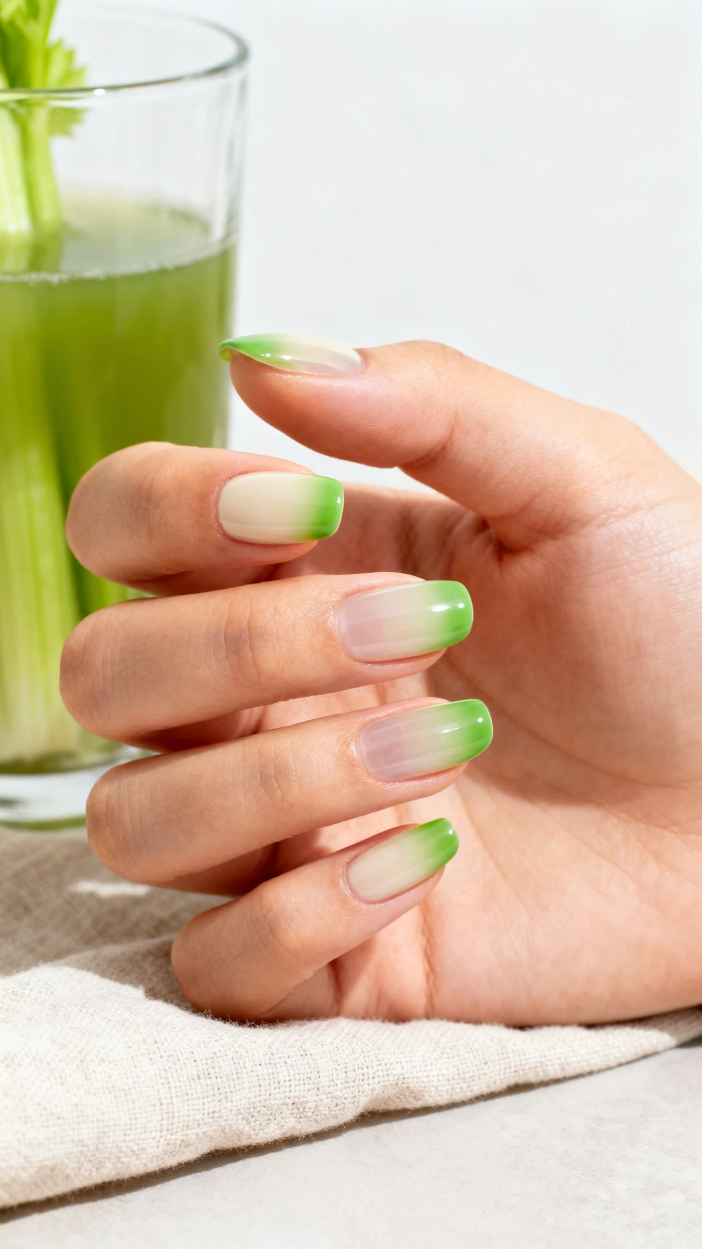 A crisp macro photo of one hand with medium almond or short oval nails showing a soft vertical fade ombré: one coat of sheer cream/sand base, then airbrushed or sponge-blended celery green concentrated at the free edge and diffusing upward to mid-nail, maintaining translucency so the natural nail subtly shows through; glossy topcoat for a smooth blend. Background: airy, pale backdrop with a translucent glass of celery juice and a linen cloth in neutral tones. High-resolution, even lighting emphasizing the gradient; no faces, only the hand and nails.