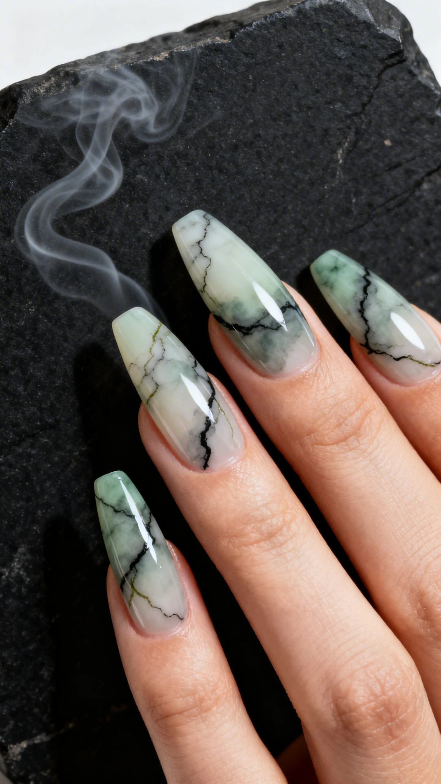 A crisp macro photograph of one hand with medium coffin or almond nails in Sage Smoke Marble with Black Veins. Base is a sheer cream-jelly blur. Translucent sage green smoky patches feathered with isopropyl for soft diffusion. Ultra-fine, irregular black gel veins with occasional whisper-thin olive-tinted strands. High-gloss topcoat to amplify marble depth. Background: matte black stone slab with faint sage mist or incense smoke curl for atmosphere. Modern, editorial, nails in sharp focus, no faces.