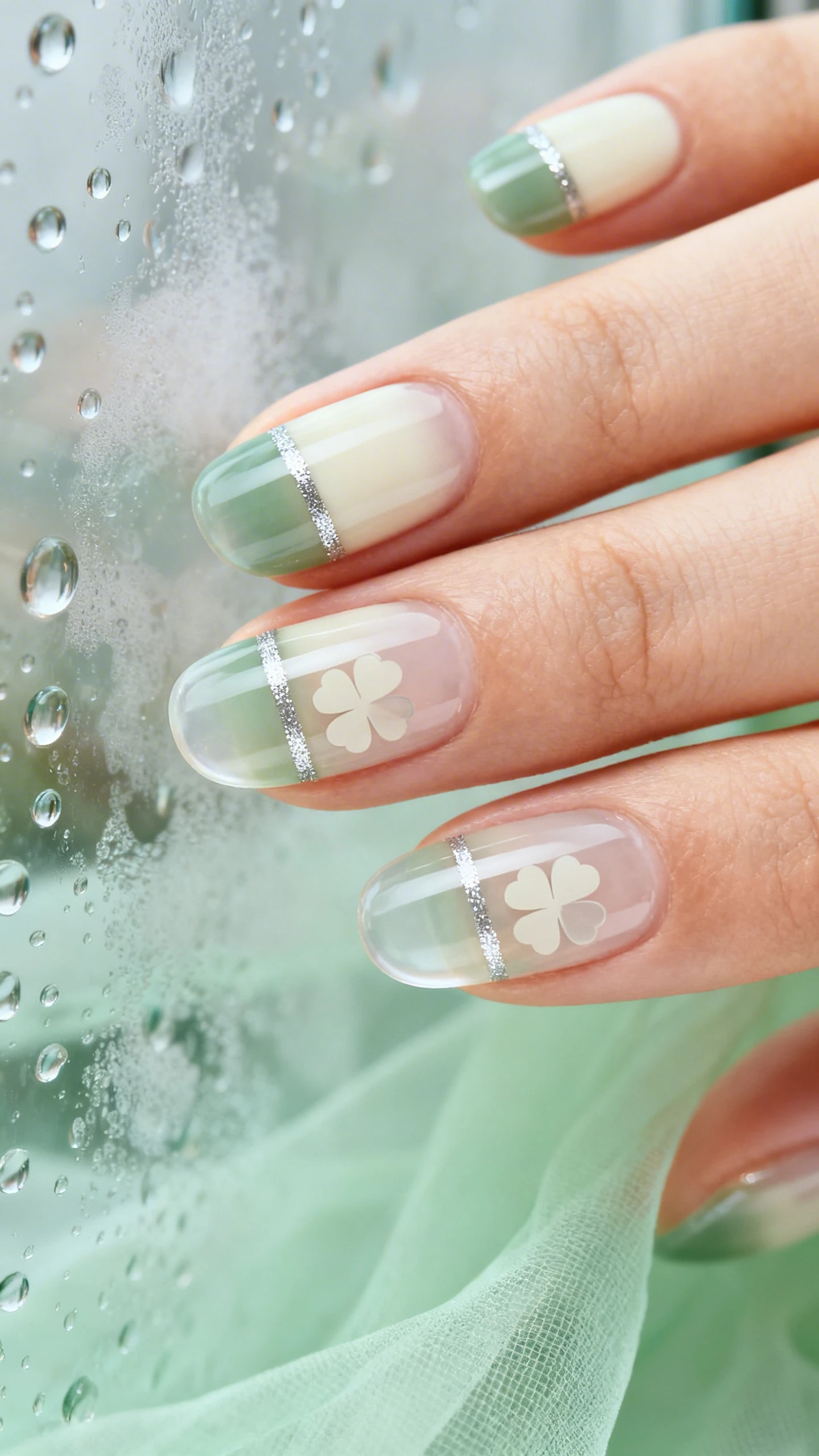 A crisp macro photograph of one hand with short oval nails in a sheer cream jelly base; a diffused sage-to-clear gradient is concentrated on the top third of each nail, with ultra-sheer clover silhouettes layered under the gradient near the free edge; a hairline silver shimmer strip runs horizontally across the gradient on select nails; high-gloss, glassy finish; background is a softly misted glass surface with dew-like droplets and a pale green veil for atmosphere; contemporary, Instagram-worthy lighting; only the hand and nails in frame.
