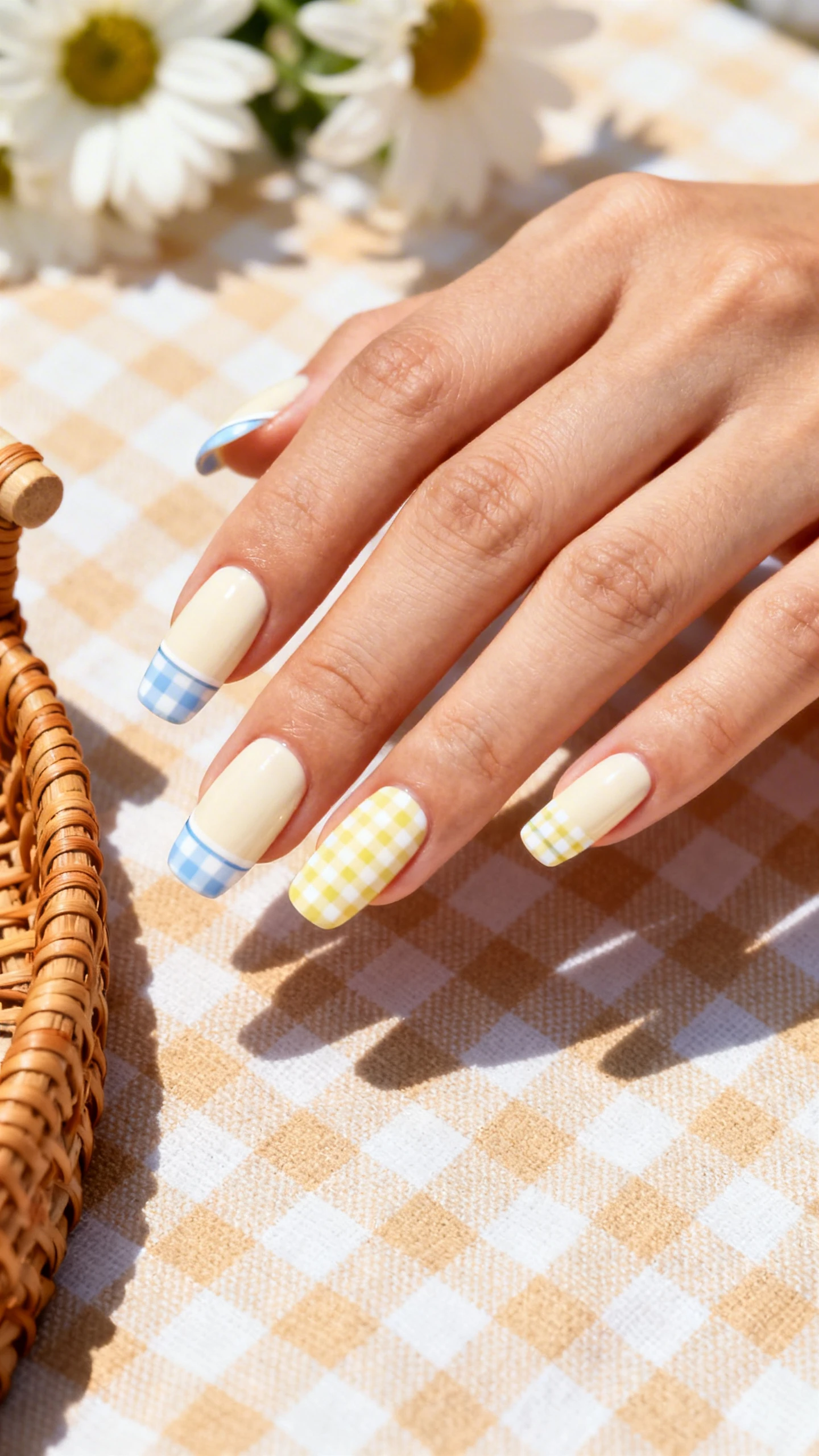 A crisp macro shot of one hand wearing medium almond/soft square press-ons with a creamy, semi-opaque light cream base. Slim French tips show a mini gingham print in pastel sky blue and white on most nails, with ring finger accents in pale butter-yellow and white gingham. Emphasize the tiny checker detail and ultra-clean tip line in high resolution. Background: a sunlit picnic scene—gingham napkin, wicker basket edge, and white daisies softly out of focus. Contemporary, editorial Instagram style; no faces, just the hand angled to showcase the tips.
