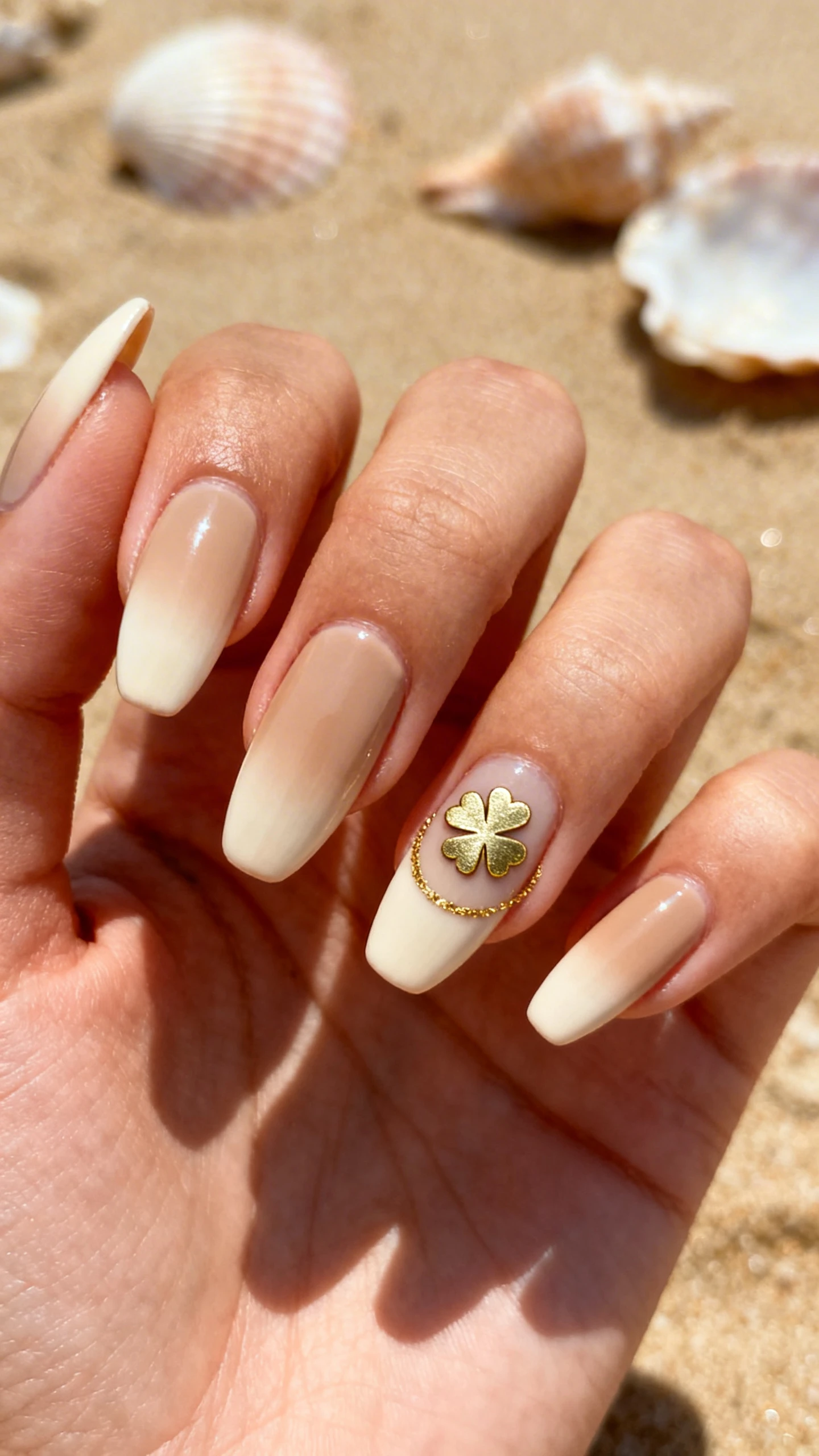 A crisp macro shot of one hand with medium almond nails featuring a smooth cream-to-sand ombré on every finger, lighter at the cuticle and deeper toward the free edge. Ring finger accent: small metallic gold shamrock decal placed slightly off-center near the cuticle, encircled by a whisper-thin gold foil halo. Ultra-sharp focus to capture the gradient and foil texture; warm, sunlit beach-sand background with soft shells out of focus for ambiance. Modern, Instagram-ready styling; no faces, only the hand.