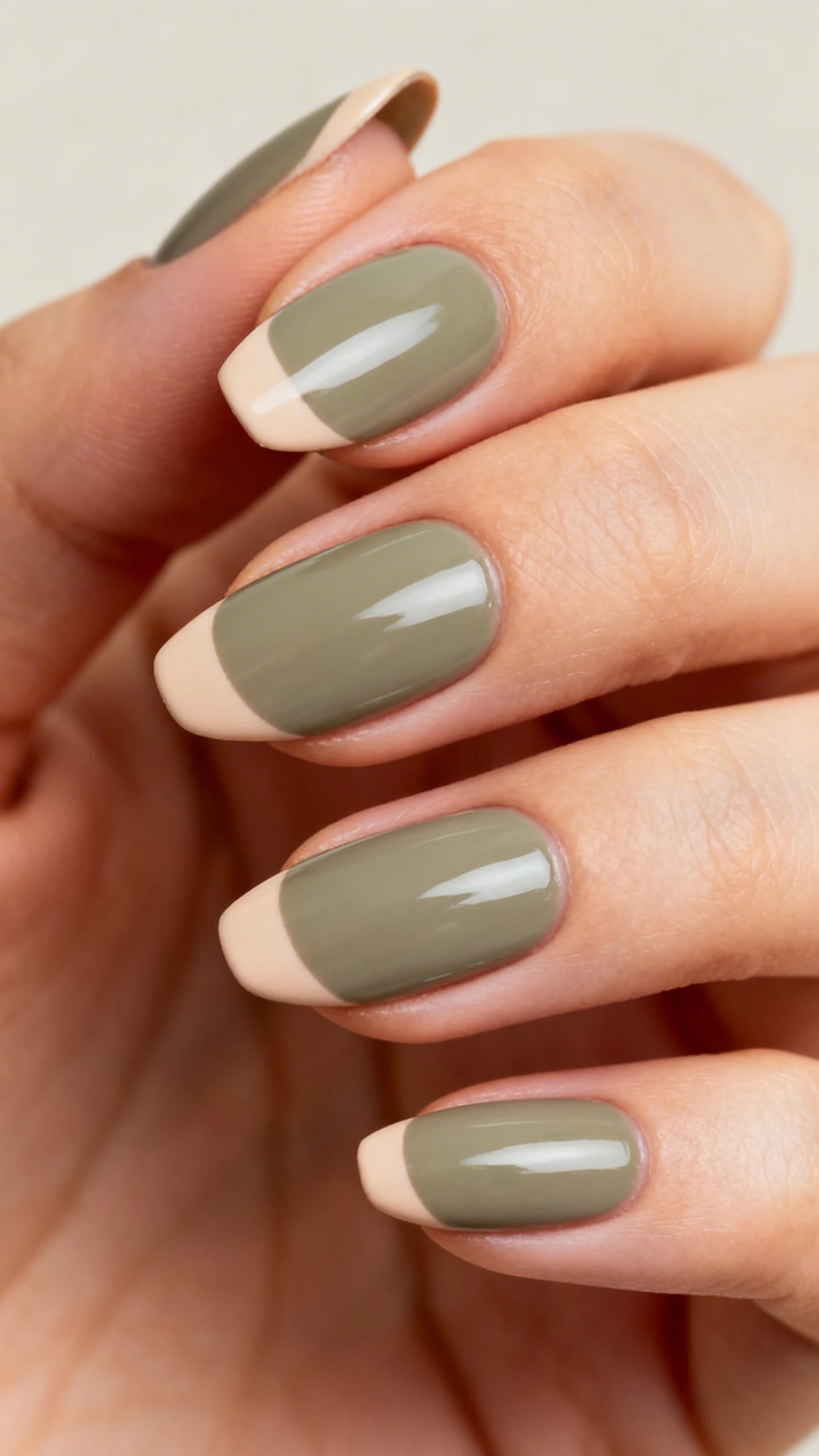 A crisp macro shot of one hand with medium-length almond nails painted in a muted, slightly gray-leaning olive cream (two thin coats) over a neutralizing base; ultra-thin French tips in pale sand-beige with ~
