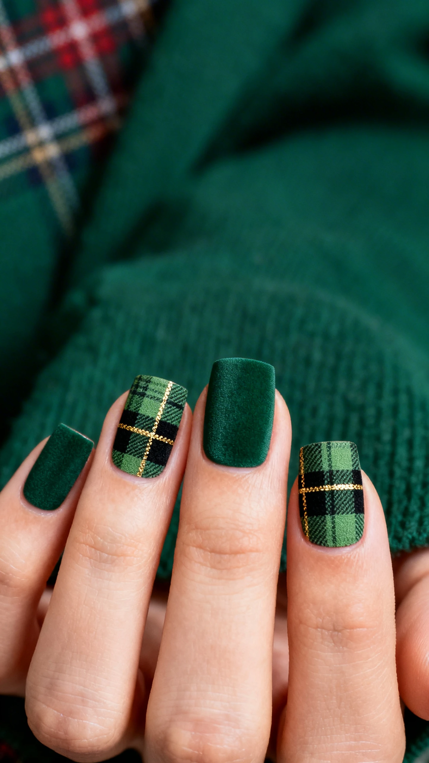A crisp macro shot of one hand with medium-short squared nails coated in opaque forest green with a velvet-matte top coat; French-style tips only featuring a layered plaid pattern: medium hunter green stripe, thinner black stripe, and fine gold accent lines intersecting cleanly; edges razor-sharp, matte texture visible; high-resolution detail; background: matte forest-green textile with subtle tartan hint out of focus; chic, Instagram-ready composition; no faces, nails centered.
